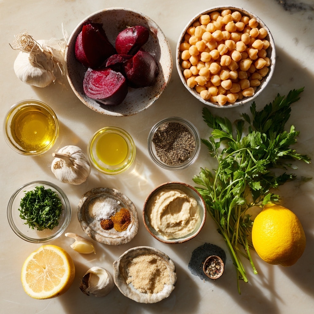 A top view of a food processor bowl showing a mix of ingredients inside. The outer edge of the bowl has a thick pale beige paste spread around evenly. In the center, there are several large chunks of deep red beetroot placed together with some light brown powder sprinkled on one side. Next to the beetroot, there is a small heap of bright yellow lemon zest. The food processor blade is visible under the ingredients, and the bowl is placed on a light brown surface. Photo taken with an iphone --ar 4:5 --v 7