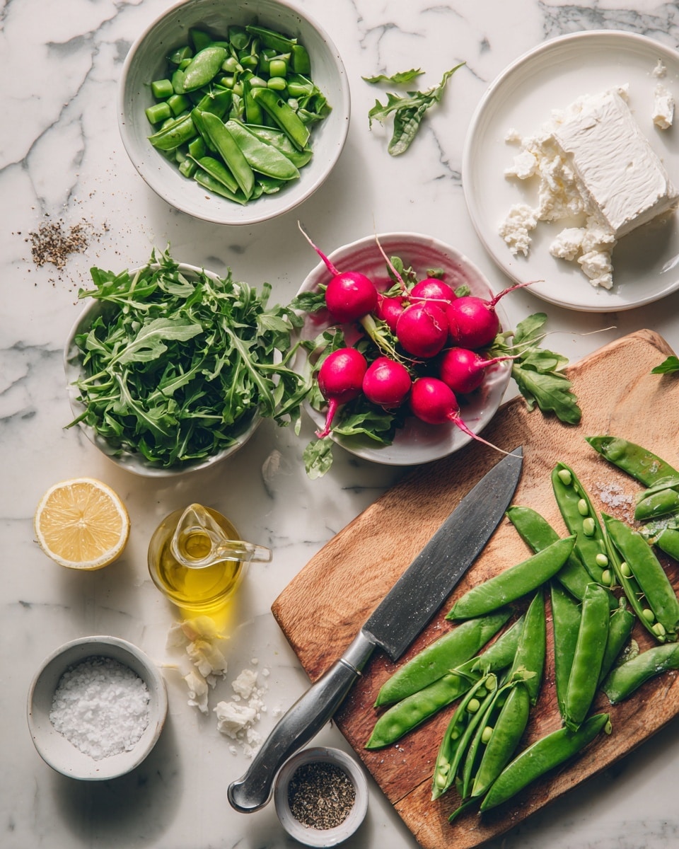 The image shows a white marbled surface with fresh ingredients neatly arranged. At the top left, a white bowl holds chopped green snap peas, next to a white bowl filled with fresh arugula leaves. Below them, a small white bowl contains bright red radishes with some leafy stems. To the top right, a white plate has a block of crumbled white cheese. Near the bottom left, two squeezed lemon halves and a small glass bottle of olive oil are placed close together. At the bottom center, a wooden cutting board holds whole and sliced snap peas, with a large silver knife resting nearby showing some pea pieces on its blade. At the bottom edge of the frame, there is a white container of salt and a small bowl of ground pepper, with some pepper spilled slightly onto the surface. The scene has a fresh, clean look, all set on the white marbled texture. photo taken with an iphone --ar 4:5 --v 7