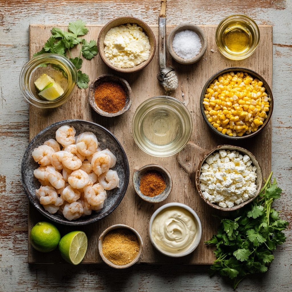 A black skillet filled with creamy orange sauce as the base layer, speckled with grilled yellow corn kernels scattered evenly throughout. On top, there are plump, reddish-orange cooked shrimp arranged in a loose circular pattern covering most of the dish. Bright green cilantro leaves are sprinkled over everything, adding a fresh touch. White crumbled cheese is spread lightly across the shrimp and sauce, adding texture. Lime wedges with bright green skin and pale juicy interiors are placed on top and around the skillet. The skillet rests on a dark wooden surface with a white marbled texture. Photo taken with an iphone --ar 4:5 --v 7