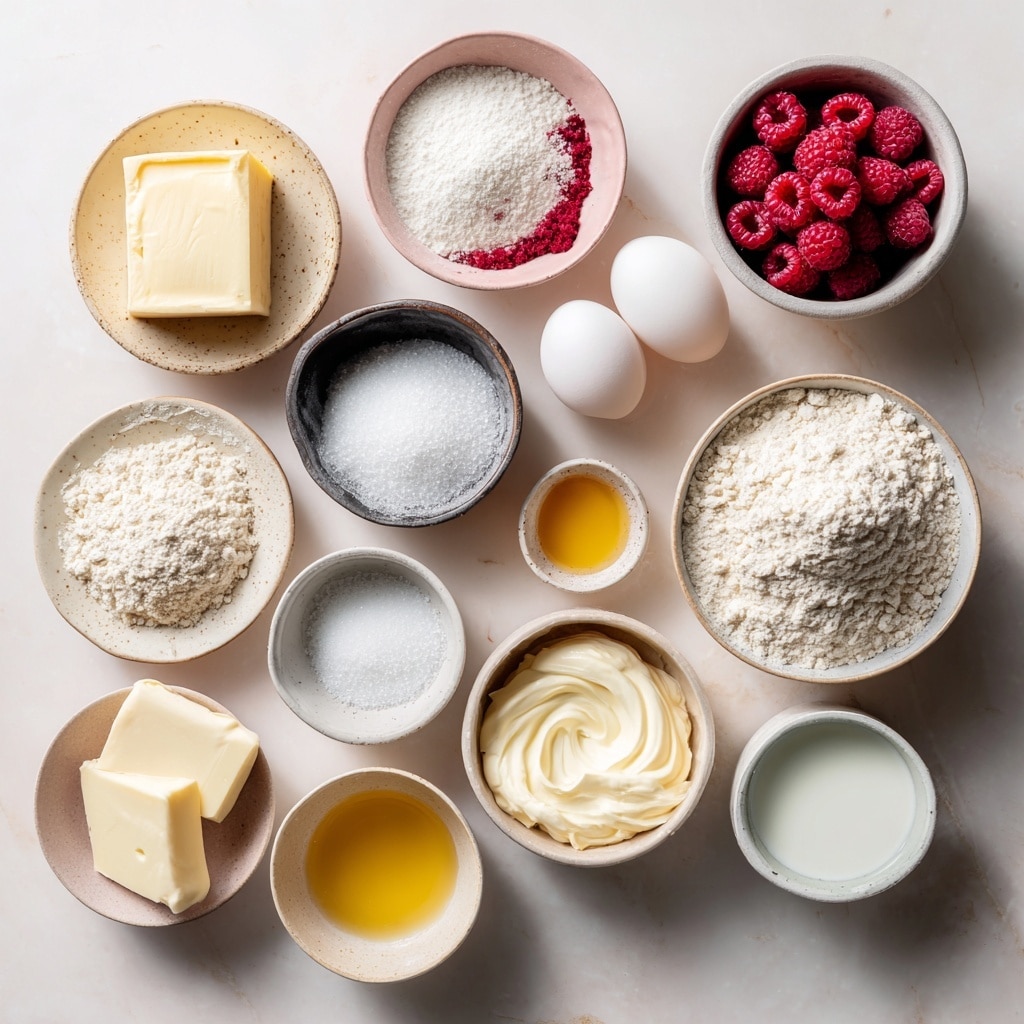 A single square layer cake with a golden brown base topped with a thick, creamy layer of smooth, light pink frosting that has small red specks. The frosting is spread unevenly, showing swirled textures and soft peaks all over the top. Around the cake are a few fresh red raspberries and a silver spoon with a dollop of the same pink frosting on it, all placed on a white marbled surface. photo taken with an iphone --ar 4:5 --v 7