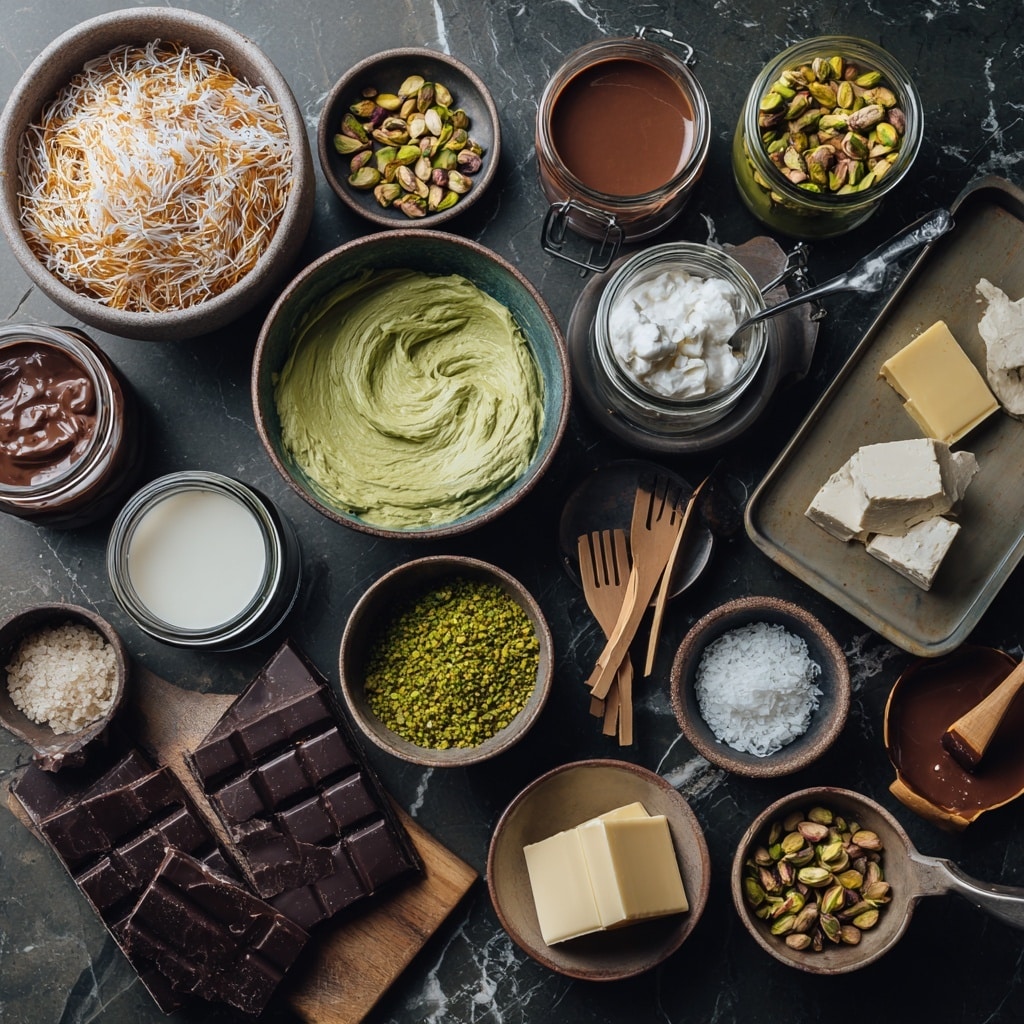 A white bowl filled with a mixture that has thin, yellowish-green strands spread evenly inside, with some of the mixture sticking to the sides of the bowl. A spatula with a light wooden handle and a grey silicone head rests inside the bowl, partially covered by the mixture. The bowl sits on a white marbled surface, with a small white bowl containing chopped nuts and an olive-green jar nearby. Photo taken with an iphone --ar 4:5 --v 7