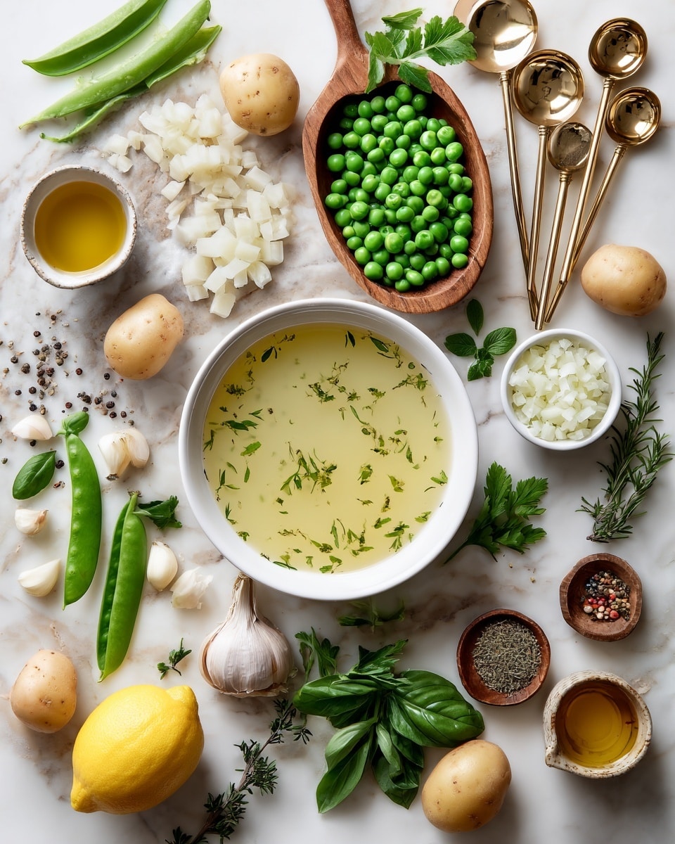 The image shows various fresh ingredients neatly arranged on a white marbled surface. In the center, there is a white bowl filled with light yellow broth with herbs floating on top. Surrounding it, there are green pea pods, loose green peas in wooden spoons, and a measuring cup filled with peas placed on a thin wooden board. A bright yellow lemon sits prominently near the middle, along with a small white bowl filled with finely chopped white onion. Around these, there are cloves of garlic, a peeled white onion half, two small potatoes, fresh green basil leaves, and green parsley. To the upper right, there are gold measuring spoons, a cup of white liquid, small wooden spoons holding salt and black pepper, and a tiny cup with golden oil. The ingredients create a fresh and natural look, all placed on the clean light surface. photo taken with an iphone --ar 4:5 --v 7