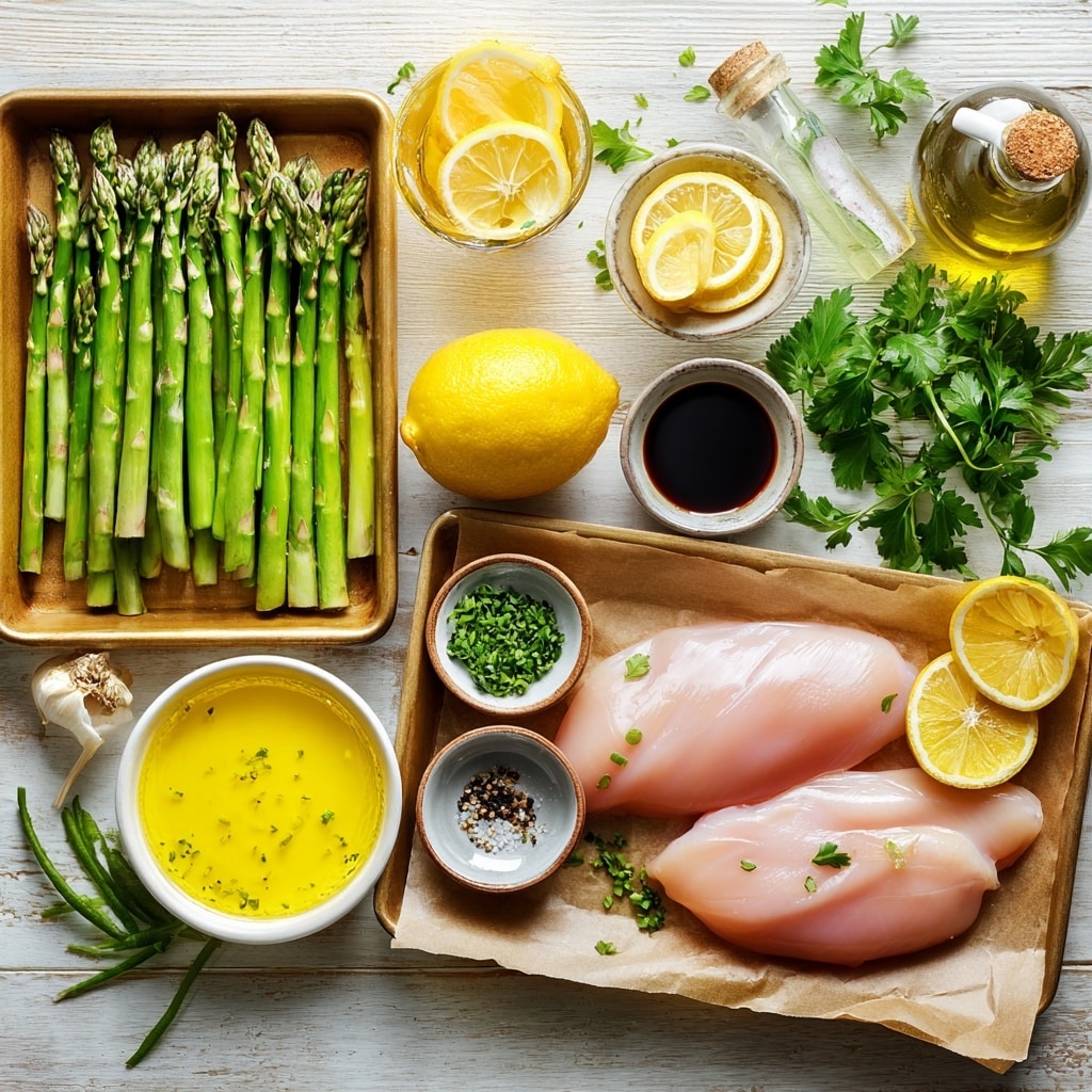 Four large golden-brown chicken pieces are laid out in a row on a baking tray, each topped with a thin slice of lemon, with herbs and black pepper sprinkled over them. Surrounding the chicken pieces are many bright green roasted asparagus spears, placed in groups at the edges and between the chicken. The tray has a light layer of oil and seasoning, giving the whole dish a glossy look. The background is a white marbled texture. photo taken with an iphone --ar 4:5 --v 7