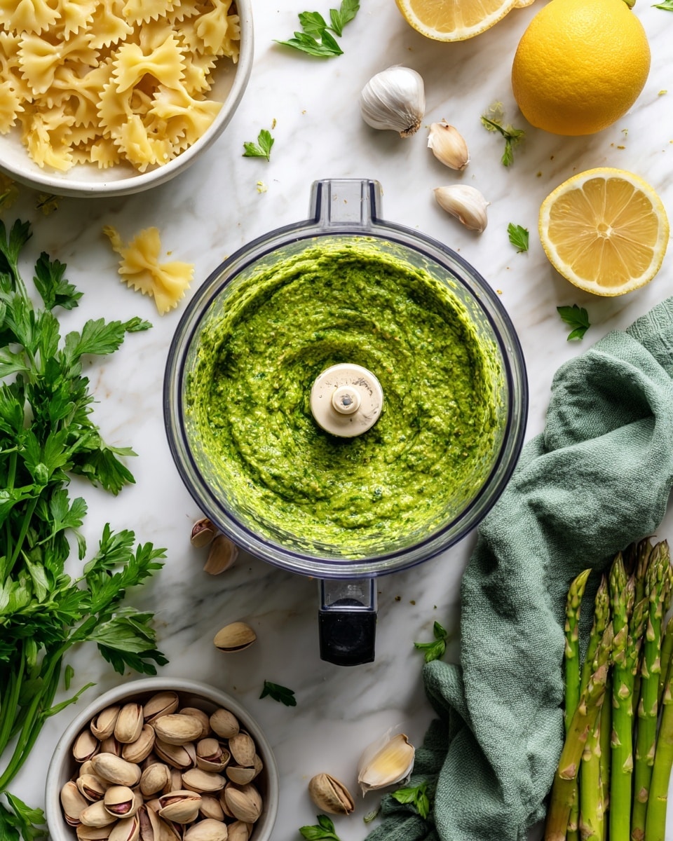 The image shows a top view of a blender containing a thick, green pesto sauce with a coarse texture and bits of ingredients visible throughout. Around the blender on a white marbled surface, there is a white bowl filled with uncooked farfalle pasta to the upper left, a whole lemon and half a lemon with bright yellow skin and inner flesh to the upper right, and some green asparagus spears on the bottom right. Below the blender, there is a white bowl of whole pistachio nuts with some nuts scattered around, a bulb of garlic, and fresh green parsley leaves. A green cloth napkin is draped near the lemons and asparagus. The photo taken with an iphone --ar 4:5 --v 7
