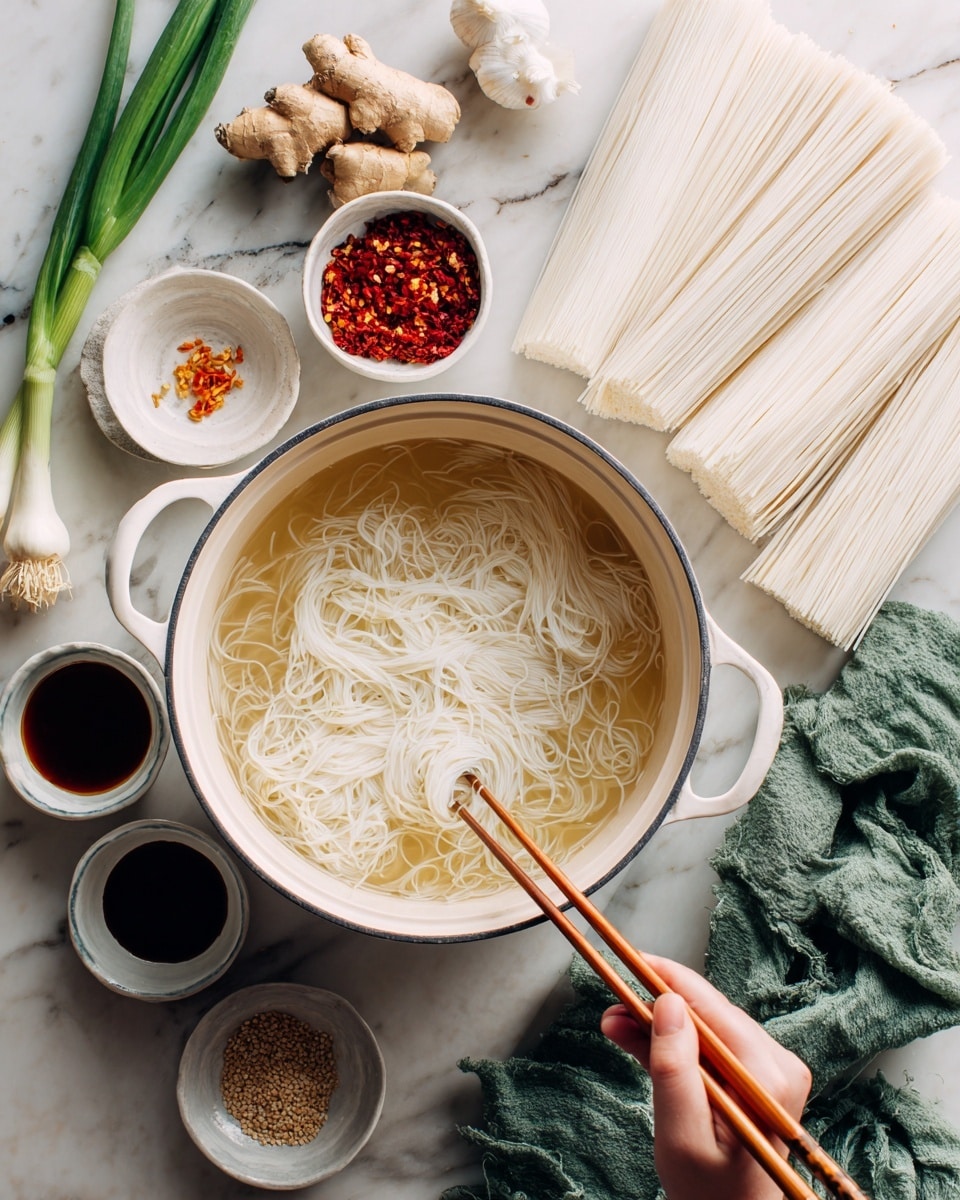 A white pot filled with clear broth and thin white noodles, with a woman's hand using chopsticks to lift some noodles from the pot; around the pot are small white bowls containing red chili flakes and sesame seeds, fresh ginger root, garlic bulb, green onions on a white marbled surface, with bundles of uncooked white noodles and small bowls of dark soy sauce and light brown sauce nearby, and a green cloth to the side, photo taken with an iphone --ar 4:5 --v 7