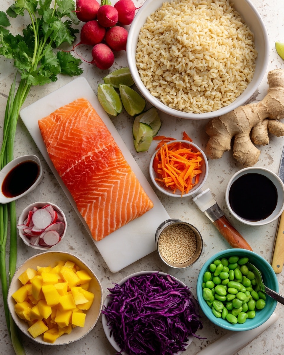 The image shows a top view of many fresh ingredients neatly placed on a white marbled surface. In the center, a large white bowl holds cooked brown rice with a soft, grainy texture. Above it, a raw salmon fillet with bright orange color and clear white lines is placed on a white square slab. Surrounding the salmon are sliced red radishes, bright green edamame beans in a small white cup, shredded vibrant purple cabbage in a gold measuring cup, and carrot ribbons in a blue bowl. Next to these are a yellow diced mango half in a small white bowl, chopped mango cubes, grated ginger in a white bowl, and whole ginger root with a rough brown skin. There is also a small bowl of dark soy sauce, a small bowl of reddish sauce, a bunch of fresh cilantro, a green cucumber, green onions, red chili peppers, and a small bowl of sesame seeds with a wooden spoon. A sharp silver knife with a light wooden handle rests diagonally near the salmon and radishes. The whole setup is bright with fresh colors and clear details, photo taken with an iphone --ar 4:5 --v 7