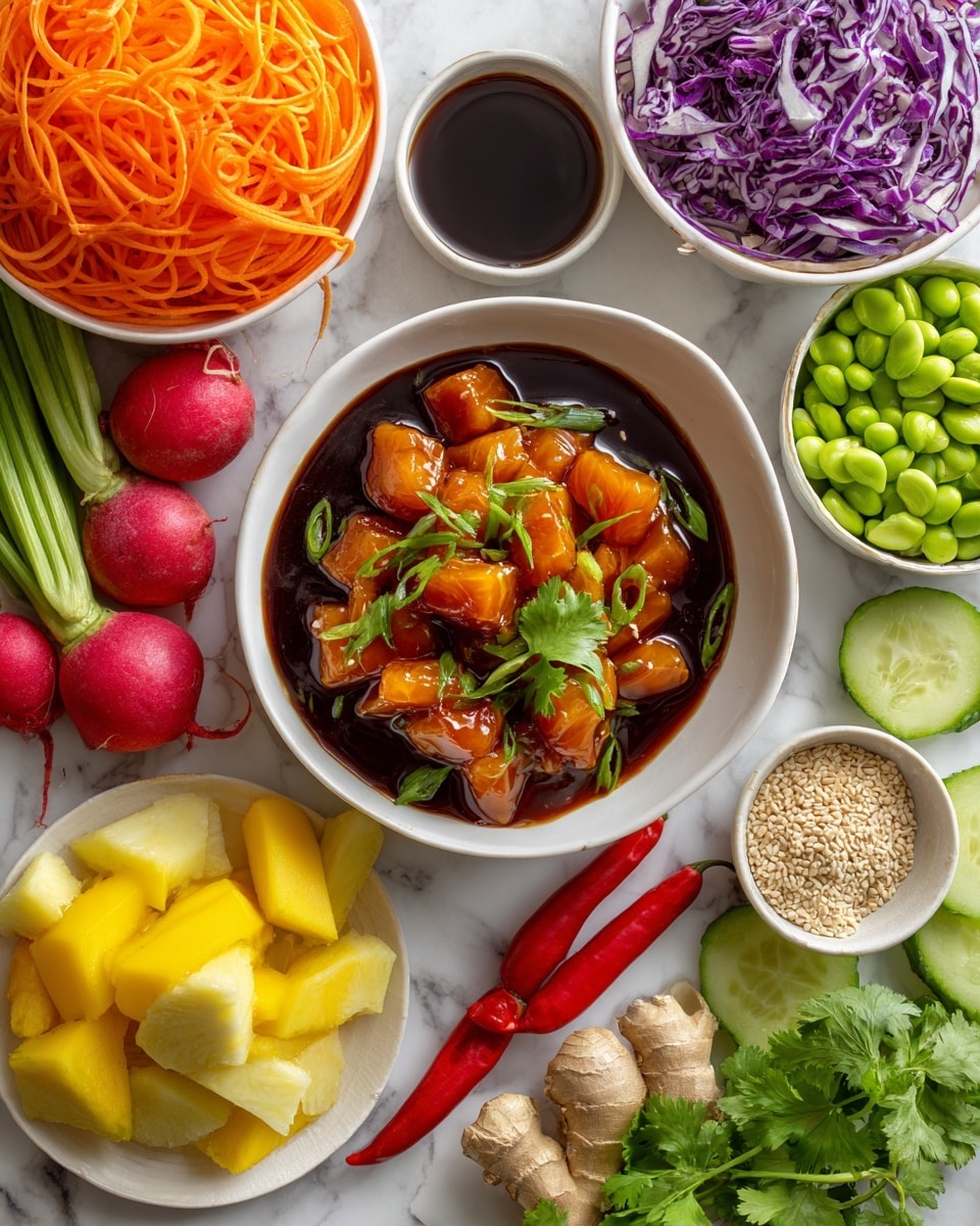 The image shows a white bowl at the center filled with small orange cubes of fish soaked in dark brown sauce. Surrounding the bowl, on a white marbled surface, are various fresh ingredients: thin orange carrot ribbons in a white bowl at the top left, shredded purple cabbage in a white bowl at the top right, bright green edamame scattered around, two red radishes and green spring onions to the left, fresh ginger root and cubed yellow mango in a white bowl below the main bowl, dark green cucumber slice and fresh cilantro leaves at the bottom right, two bright red chili peppers, a small white bowl of dark soy sauce, and a small white bowl of light-colored sesame seeds. photo taken with an iphone --ar 4:5 --v 7