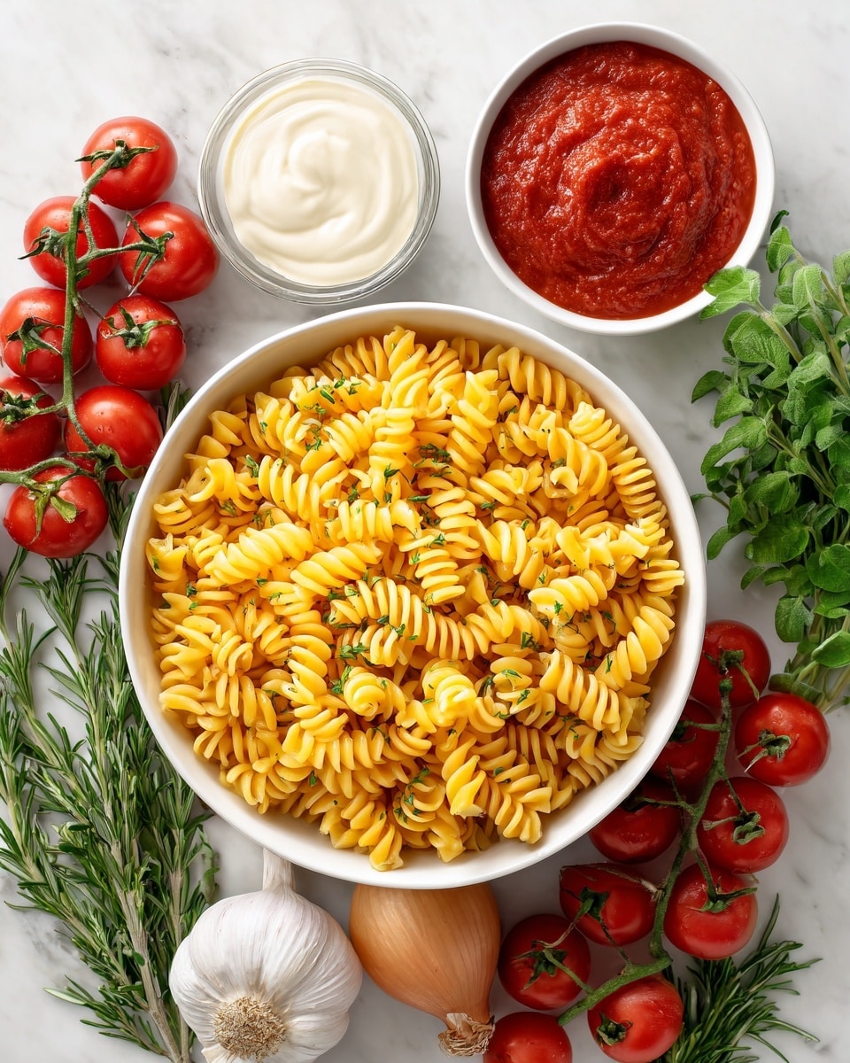 A top-down view of a white bowl filled with yellow spiral pasta, surrounded by fresh red cherry tomatoes on green vines, light brown onions, and sprigs of fresh green herbs like rosemary and basil. Next to the bowl are two small white bowls, one filled with smooth red tomato sauce and the other with creamy white sauce. Two bulbs of garlic rest nearby on a white marbled surface, giving a fresh and colorful mix of ingredients for a pasta dish. photo taken with an iphone --ar 4:5 --v 7