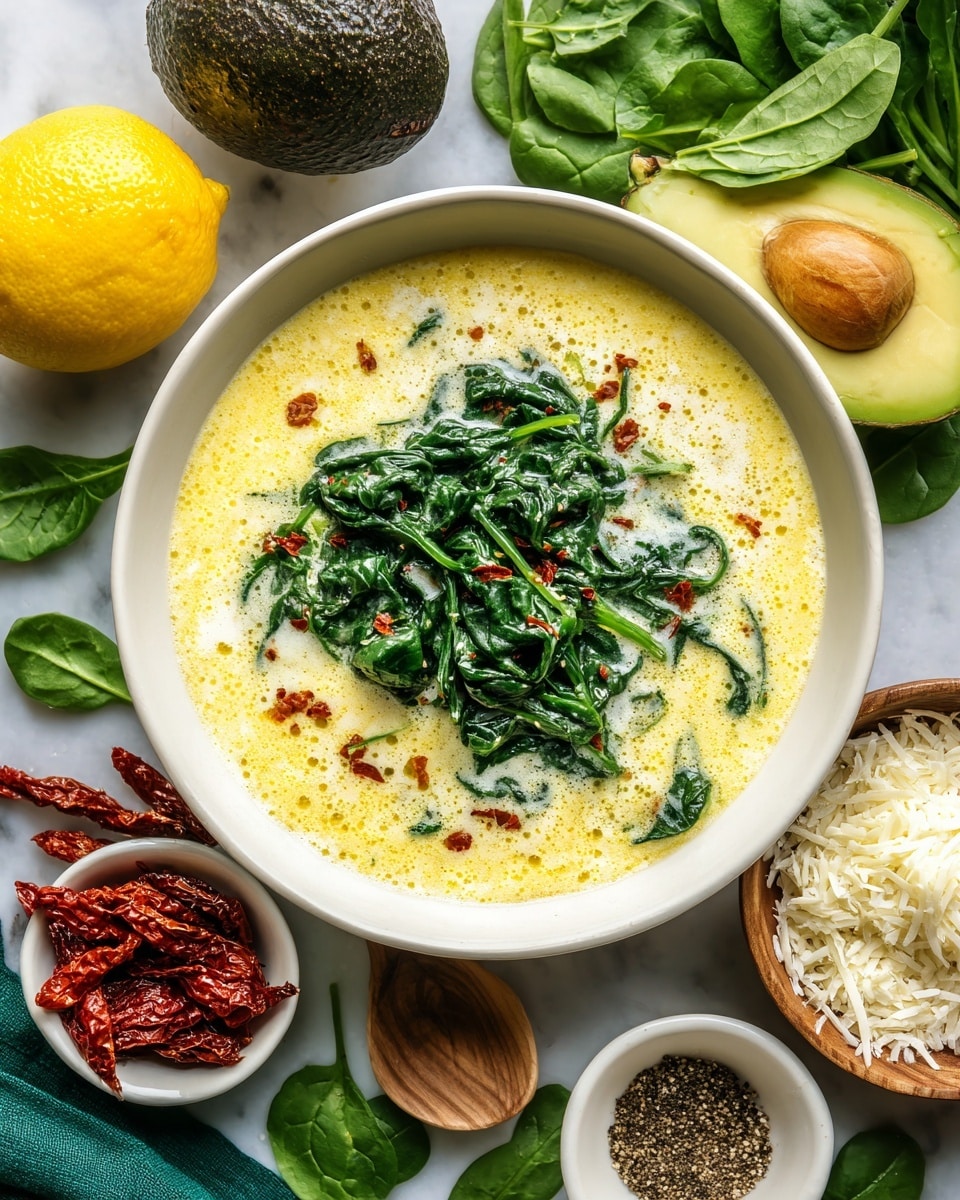 A white bowl holds a yellow, slightly bubbly soup base that fills most of the bowl, topped with a loose pile of wilted dark green spinach placed slightly off-center to the right. Around the bowl on a white marbled surface are fresh green lettuce leaves at the top right, half a green avocado with its brown seed on the top left, a bright yellow lemon on the left next to a green cloth, and a wooden spoon with black pepper on the right. Small white bowls with grated white cheese and red sun-dried tomatoes sit close to the bottom edge, near some fresh green spinach leaves. photo taken with an iphone --ar 4:5 --v 7