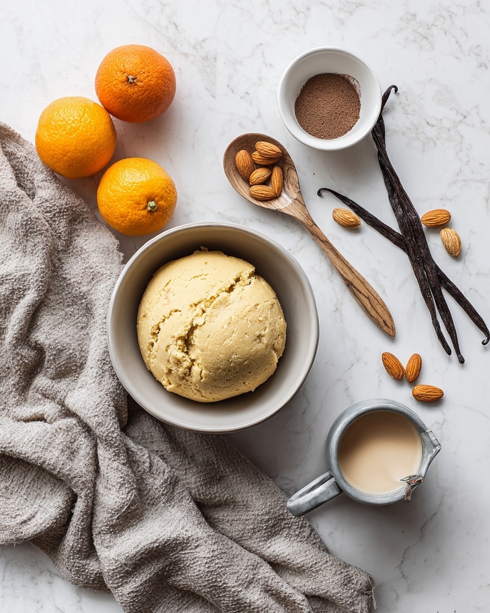 The image shows a top view of ingredients arranged on a white marbled surface with a wooden cutting board. Three whole bright orange oranges sit on the top right corner on the wooden board, with a wooden spoon nearby. On the white marbled surface, scattered brown almonds are spread out. A white small bowl in the center holds a dark amber liquid. Around it, there are two measuring cups with beige almond flour and a golden creamy liquid, and a white bowl with white powdered sugar next to a gold measuring cup marked 1/3 cup. A small white plate with some brown powder and long black vanilla pods lie below. Light cream fabric is seen on the bottom right corner. Photo taken with an iphone --ar 4:5 --v 7