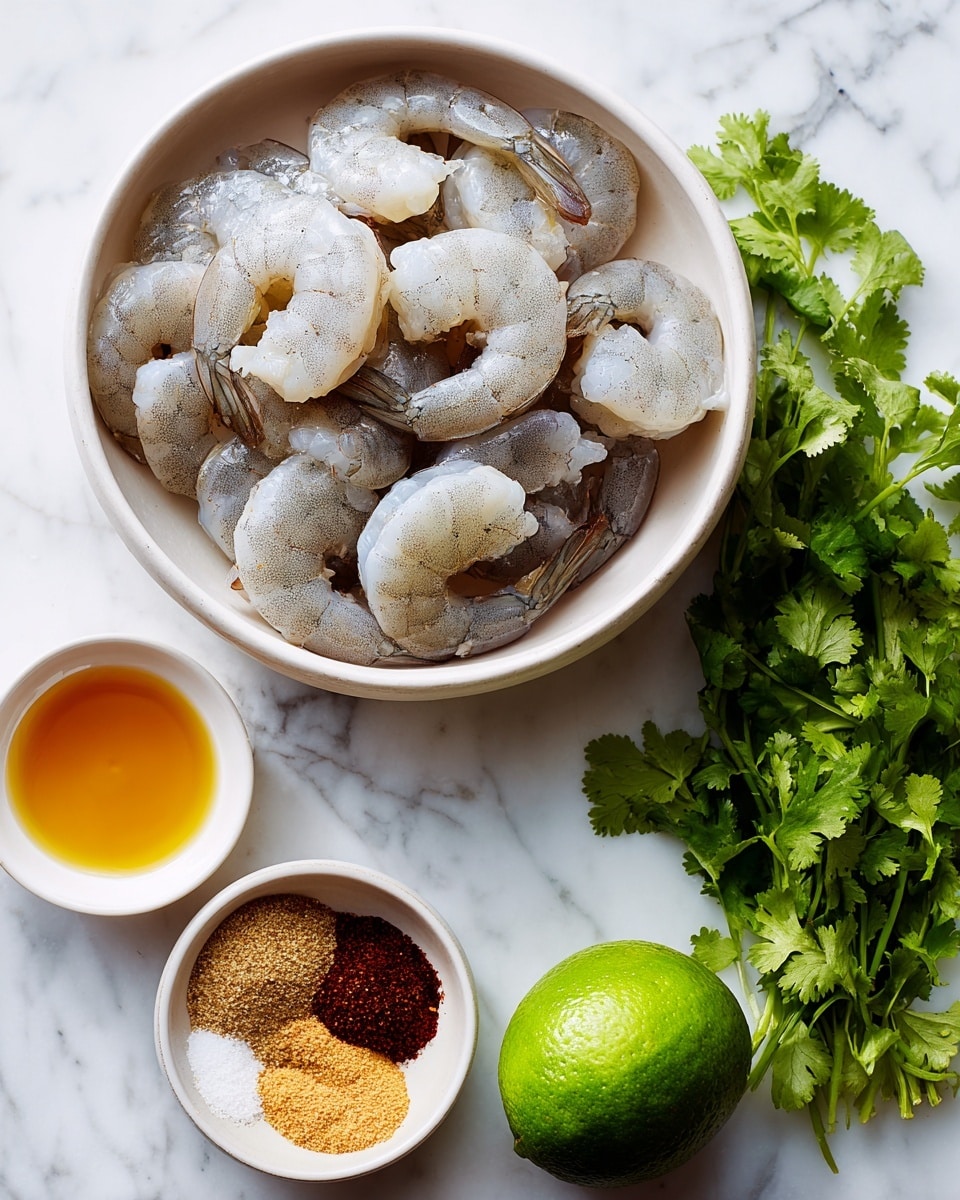 The image shows a large white bowl filled with raw, peeled shrimp that are pale gray and slightly translucent with some darker gray lines and edges, arranged loosely inside the bowl. Below it, there is a small white bowl with golden amber liquid, smooth and shiny, and another small white bowl containing three types of dry spices in separate sections: one light beige powder, one dark reddish-brown granules, and one medium brown powder. To the right of these bowls is a bright green whole lime with a slightly bumpy texture and a bunch of fresh cilantro leaves in a vibrant green color with jagged edges, placed on a white marbled surface. Photo taken with an iphone --ar 4:5 --v 7