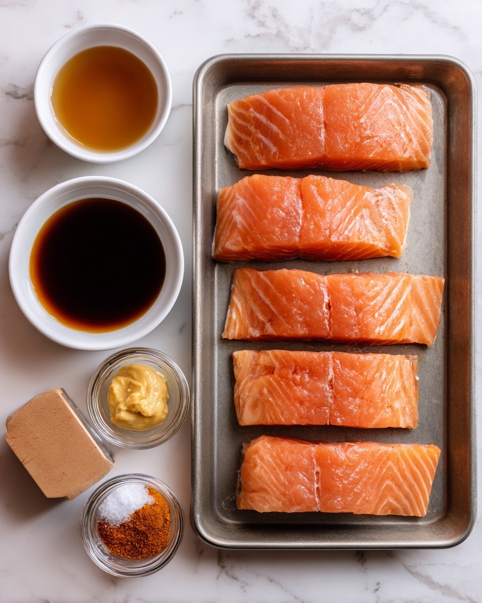 The image shows a metal baking tray with four raw salmon fillets arranged in a single column from top to bottom. The salmon fillets are pinkish-orange with smooth, slightly shiny textures. To the left of the tray, there are three small white bowls stacked vertically. The top bowl contains a dark brown liquid, the middle bowl has a light brown, syrupy liquid, and the bottom bowl holds a dollop of yellowish mustard. Below the bowls, there are two small clear spice jars with wooden lids; the left jar is labeled garlic powder with a white powder inside, and the right jar is labeled smoked paprika with a reddish-orange powder. The background is a white marbled texture photo taken with an iphone --ar 4:5 --v 7