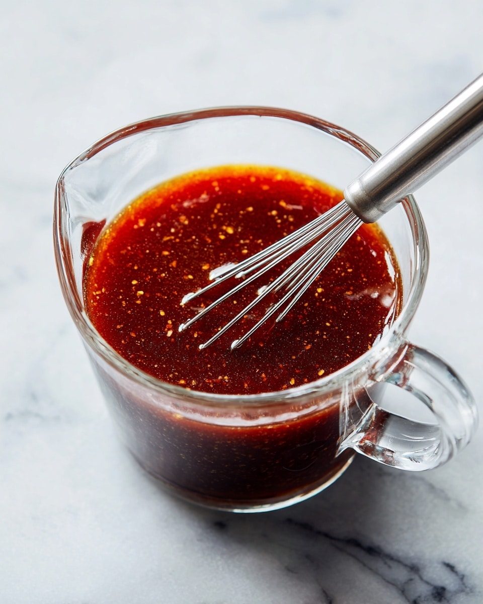 A clear glass measuring cup filled with a dark reddish-brown sauce that has small light specks mixed throughout, giving a slightly textured look. Inside the cup, a small silver whisk rests partially submerged in the sauce, with its thin wires visible. The measuring cup sits on a white marbled surface, with part of the marbling pattern showing around the cup edges. The lighting softly highlights the sauce’s glossy surface and some reflection can be seen on the glass handle. photo taken with an iphone --ar 4:5 --v 7