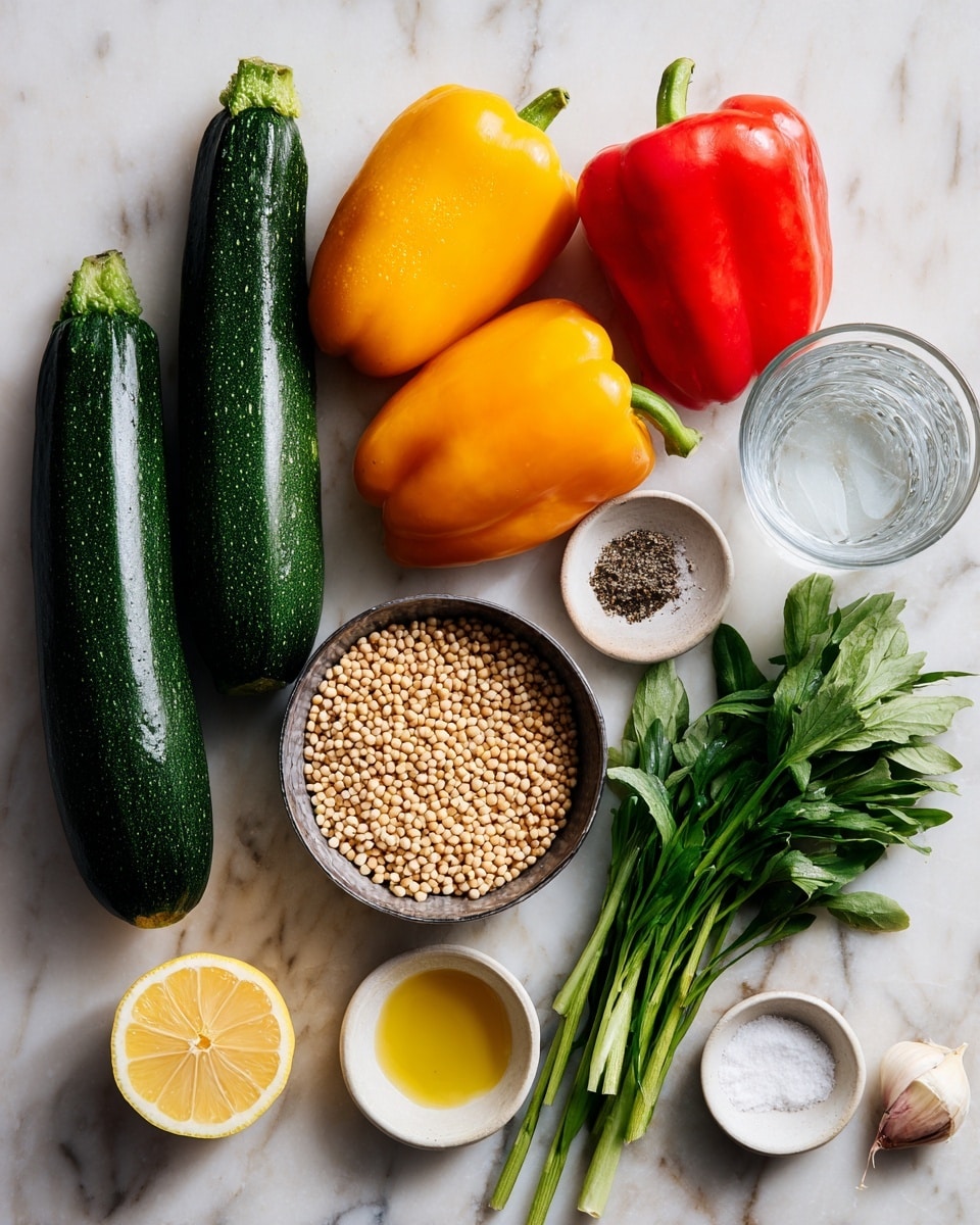 A white round plate filled with a colorful mixture of pearl couscous and diced roasted vegetables. The dish has two main layers: the base is small, round, off-white couscous pearls with a slightly shiny texture, and scattered throughout are chunky pieces of roasted vegetables including deep green zucchini, bright red and orange bell peppers, and pale yellow squash, all cut into small cubes with a soft, slightly caramelized surface. Small pieces of fresh green herbs are sprinkled all over, adding vivid color contrast. The plate is placed on a white marbled surface with a black and white striped cloth partly under it. Photo taken with an iphone --ar 4:5 --v 7