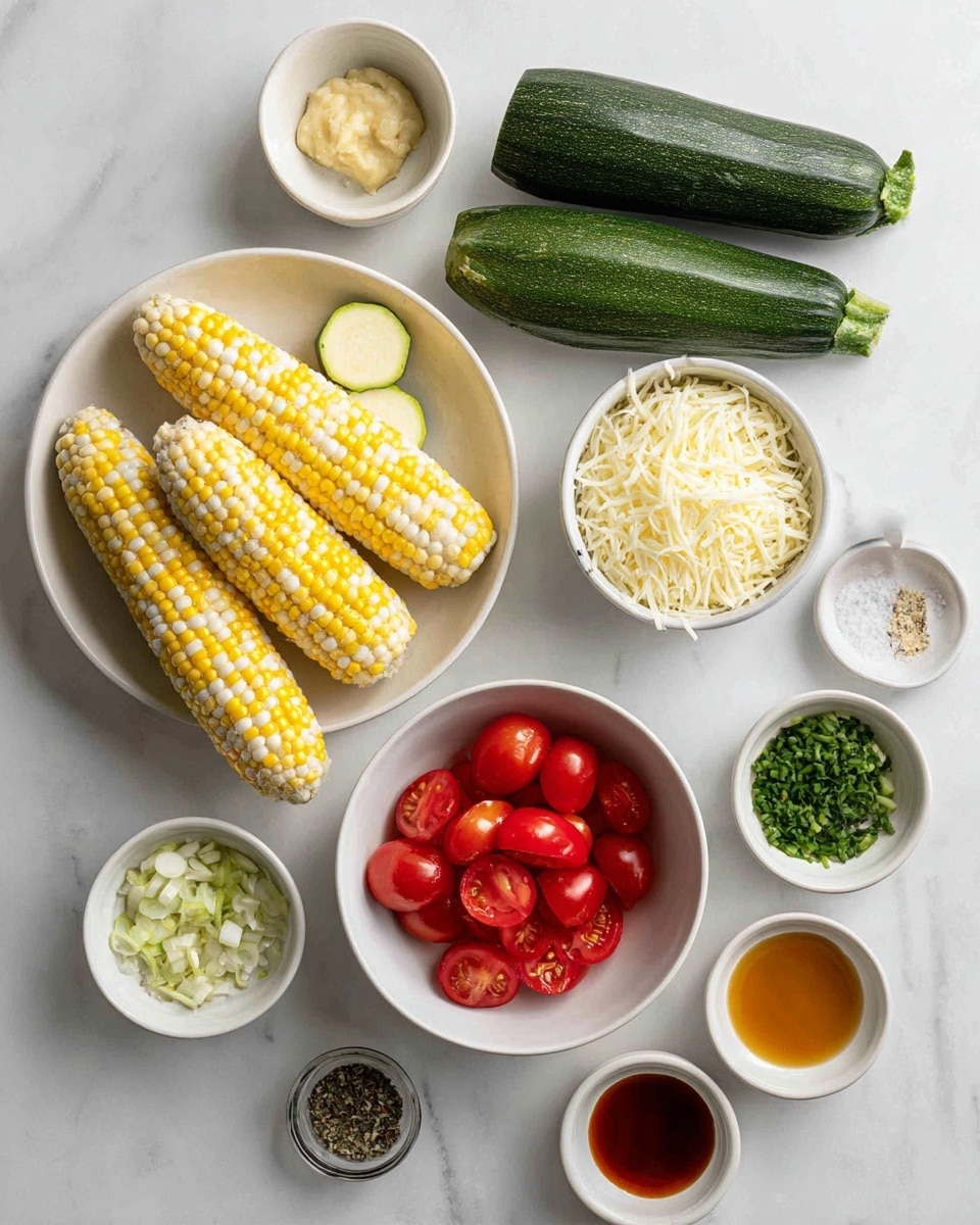 The image shows several white plates and bowls on a white marbled surface. On one large white plate, there are three whole corn cobs with yellow and white kernels, placed next to two whole zucchinis and two zucchini halves showing their pale green inside. A medium white bowl is filled with halved bright red cherry tomatoes. A smaller white bowl contains shredded white cheese. Another white bowl holds chopped green onions. There are three small white bowls with different ingredients: finely chopped green herbs, minced garlic, and a light brown paste on a spoon. Two more small bowls have golden brown and reddish liquid sauces. A tiny white bowl with white salt and black pepper is also present. Photo taken with an iphone --ar 4:5 --v 7