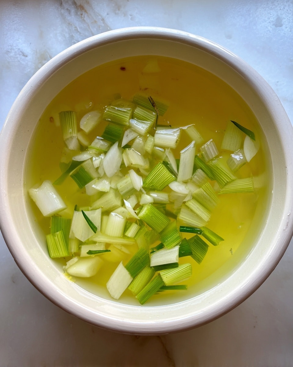 A white pot filled with light golden-yellow liquid, with several chopped green and white vegetable pieces floating on the surface. The food pieces are small sections of green stems and white bulb parts, scattered evenly across the liquid in the pot. The background shows a white marbled surface. photo taken with an iphone --ar 4:5 --v 7