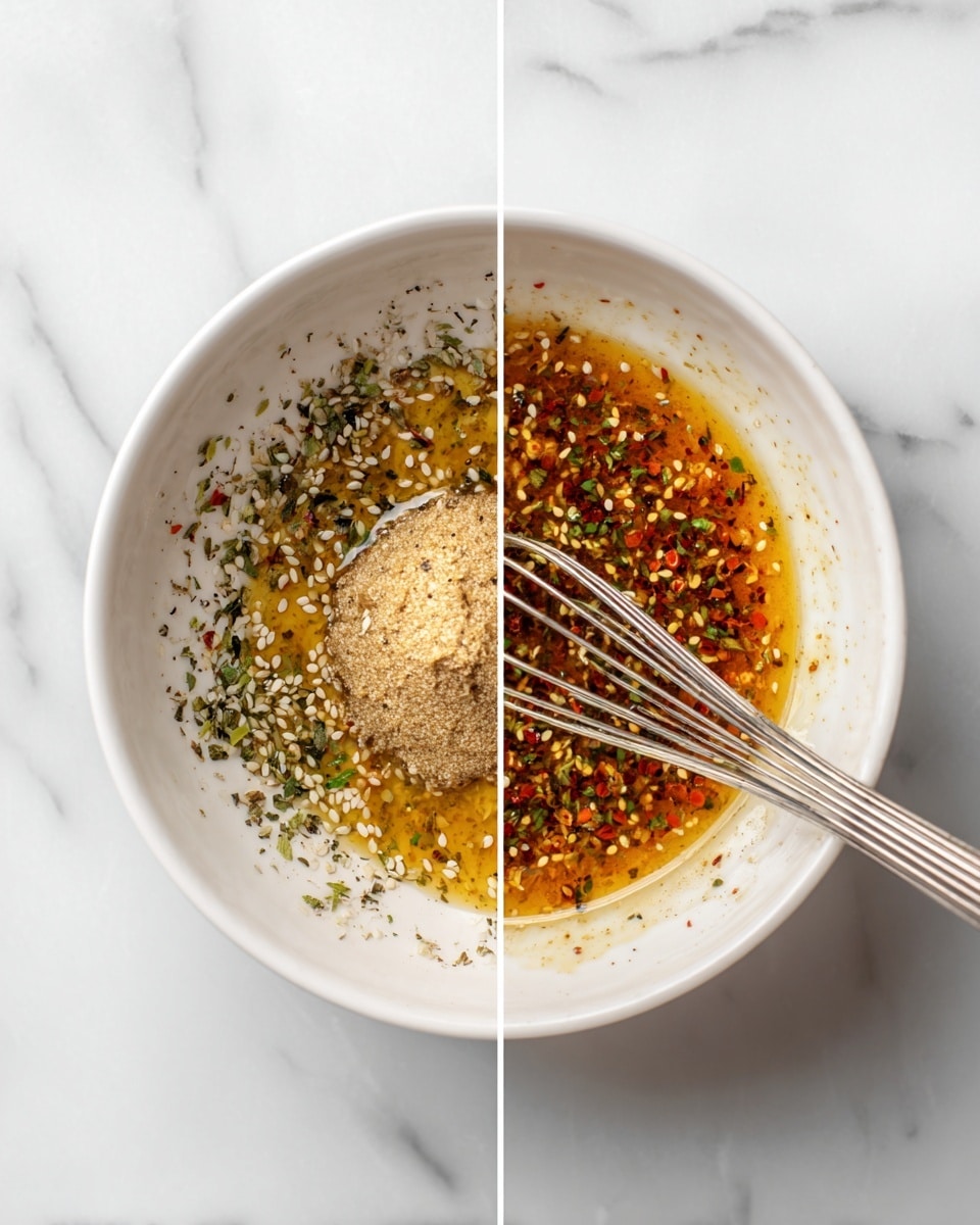 The image shows a white bowl on a white marbled surface, with two views side by side. The left side shows three layers: a small light brown round item at the center, a rough textured beige paste partly to the right, and a layer of amber oil with scattered golden sesame seeds and tiny green herbs all around, some red flakes mixed in. The right side shows the same bowl with the mixture fully blended into a shiny amber liquid with many golden sesame seeds and tiny green and red bits floating. A silver whisk is partially submerged on the right side. photo taken with an iphone --ar 4:5 --v 7