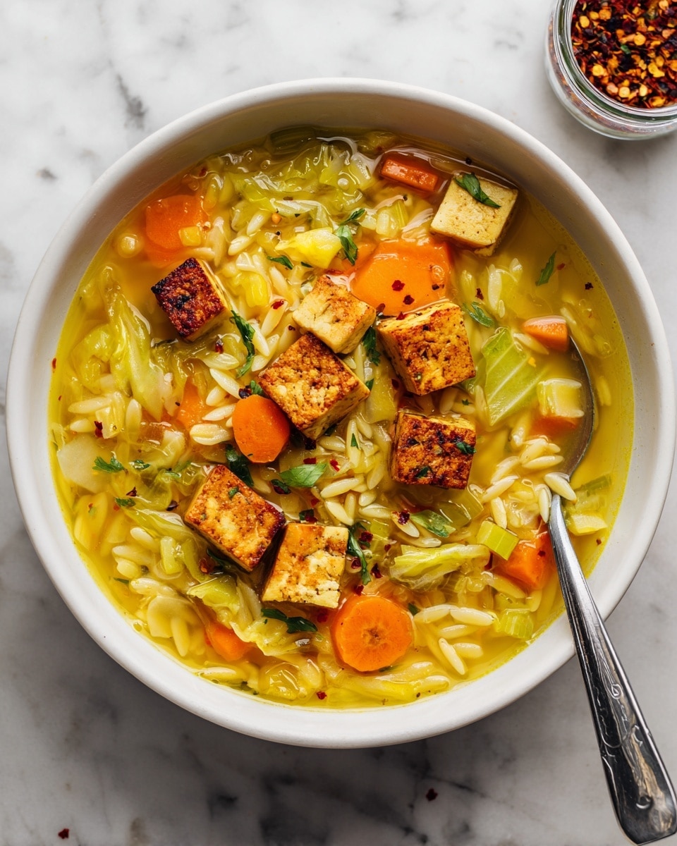 Vegan Chicken Soup with Baked Smoked Tofu and Orzo Recipe
