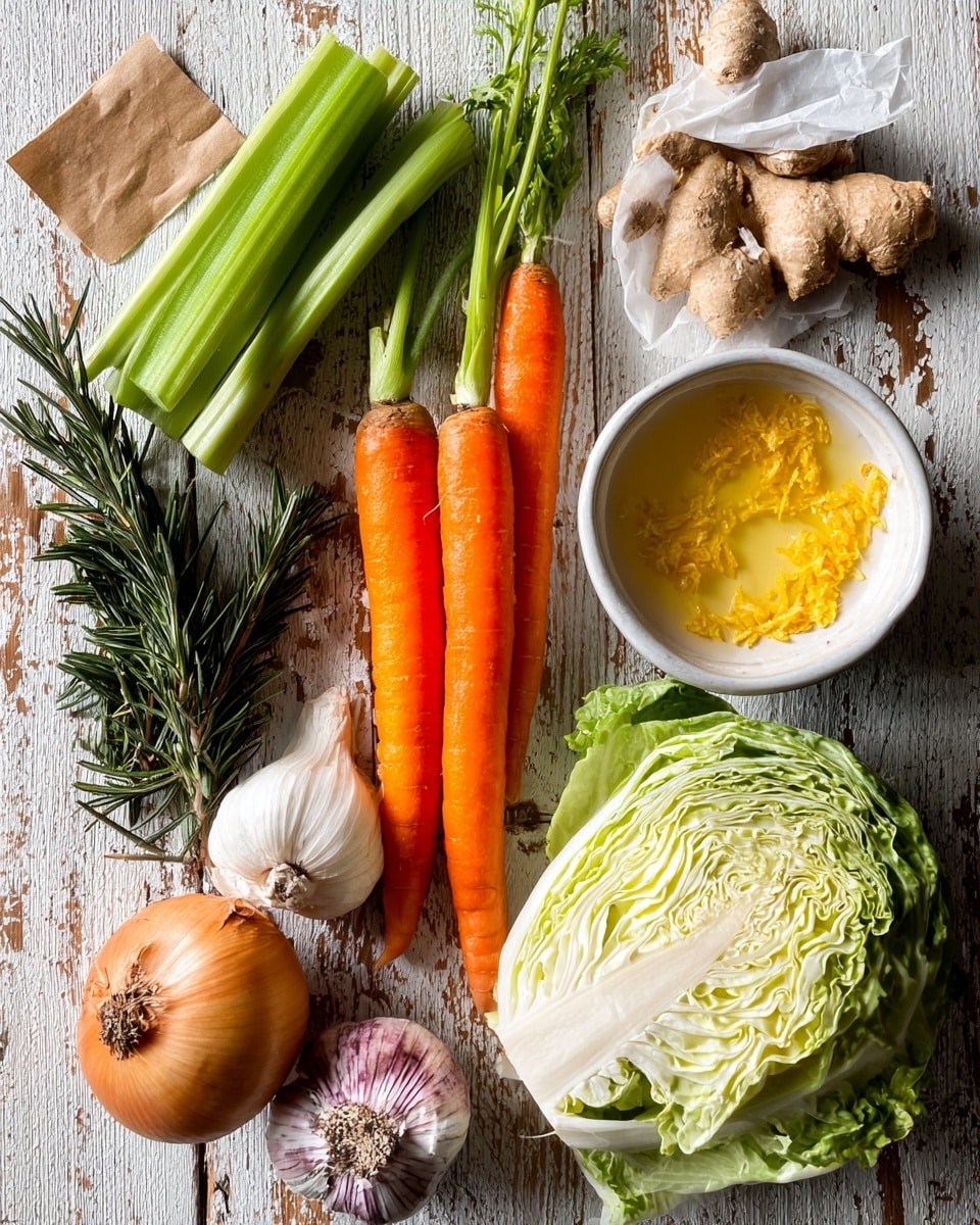 The image shows fresh ingredients on a wooden surface with a white marbled texture. There are two bright orange carrots placed vertically near the center. To the left of the carrots are three green celery sticks and a few sprigs of dark green rosemary. Below them is a brown onion with a rough outer skin, next to a bulb of white garlic with purple streaks. At the bottom right, there is a wedge of light green savoy cabbage with crinkly textured leaves. Above the carrots, on the right side, there is a whole yellow lemon and a piece of fresh ginger root with light brown skin. In the top right corner, there is a small white bowl filled with yellow flakes, and to the bottom left of the celery, there is a small piece of brown bouillon cube partially wrapped in white paper. Photo taken with an iphone --ar 4:5 --v 7