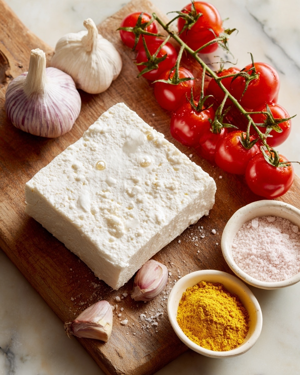 A close-up image showing fresh ingredients on a wooden board with a background of white marbled texture. There is one large rectangular white block of soft cheese positioned slightly to the left and topped with tiny moisture drops. On the right, a bunch of bright red cherry tomatoes attached to green stems add vibrant color. Scattered to the left of the cheese are four garlic cloves with their light purple skins intact and a full garlic bulb nearby. Below the cheese, two small white bowls hold powders – the right bowl contains bright yellow flakes with a rough texture, and the left bowl holds a light pink powder. photo taken with an iphone --ar 4:5 --v 7