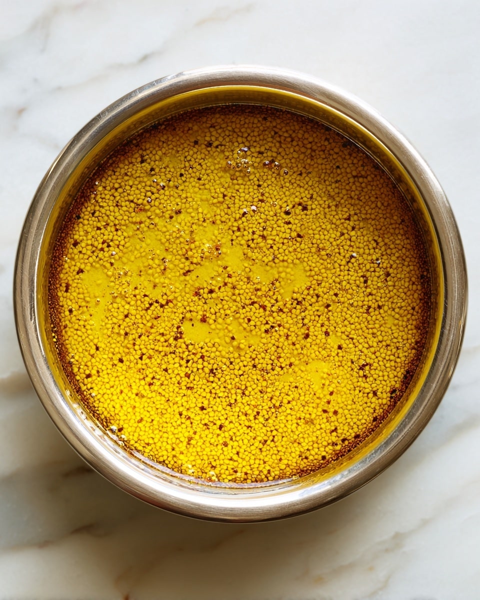 A close-up view of a metal bowl containing a mixture of golden-yellow grains and liquid, spread thinly across the bottom of the bowl. The mixture has a slightly rough and coarse texture with small seeds scattered evenly throughout. The edges of the mixture appear to be slightly darkened and bubbling, creating a delicate border around the central smoother area. The bowl itself has a shiny metallic surface reflecting soft light. The background is a white marbled texture. photo taken with an iphone --ar 4:5 --v 7