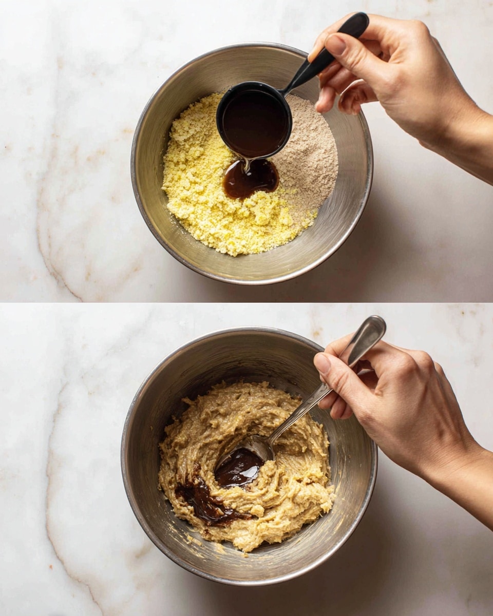 The image shows two side-by-side photos of a large metal bowl on a white marbled surface. In the left photo, dry yellow crumbs, light brown paste, and dark brown liquid are inside the bowl, with a woman's hand holding a black measuring spoon pouring the dark liquid into the mixture. In the right photo, the ingredients are being stirred together, showing a more blended, wet texture of light brown paste with some yellow crumbs visible. A woman's hand holds the bowl steady while another woman's hand stirs with a spoon. Photo taken with an iphone --ar 4:5 --v 7