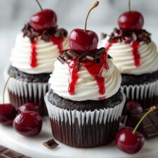 Black Forest Cupcakes with Cherry Kirsch Filling and Mascarpone Frosting Recipe