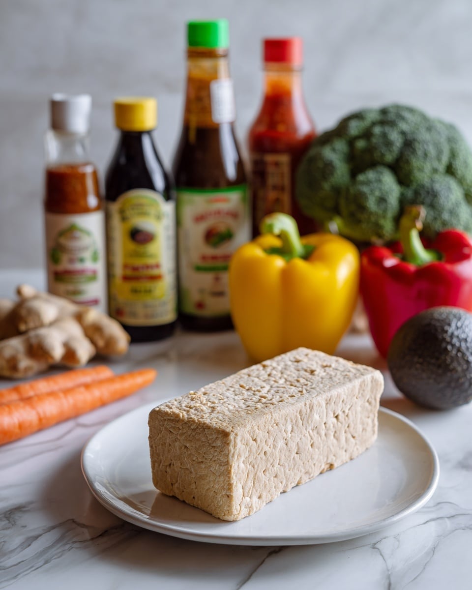 A rectangular block of pale, tightly packed tempeh with a bumpy texture lies on a plain white plate with a smooth surface. Behind the plate, there is an arrangement of fresh vegetables and bottles: two broccoli heads with a textured green surface, a yellow bell pepper with a glossy outer layer, a bright red bell pepper also glossy, and an avocado with dark, rough skin. To the left, a small bunch of thin orange carrots rests on a white marbled surface. Various bottles with colorful labels—brown maple syrup, dark soy sauce, light vinegar with a green cap, and bright red sriracha—stand in the background along with a piece of knobby ginger root. The photo has soft natural light and a clean, minimal look. Photo taken with an iphone --ar 4:5 --v 7