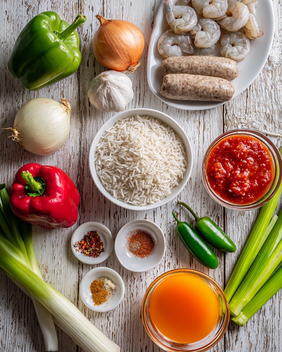 The image shows several fresh ingredients arranged on a wooden surface with a white marbled texture. There is a white bowl with raw white rice in the center, a clear glass bowl with raw peeled shrimp to the upper right, and a white plate holding three brown sausages and a pale raw chicken filet at the top left. Around these, there are fresh vegetables including a whole white onion, a green bell pepper, a red bell pepper, green celery stalks, green onions, a bright green jalapeño, and three cloves of garlic. In the middle is a small dish with four different ground spices with colors of red, yellow, and greenish-grey. At the bottom right, there are two glass measuring cups: one filled with bright orange liquid and the other with red tomato sauce. The composition is neat with all items clearly visible, photo taken with an iphone --ar 4:5 --v 7