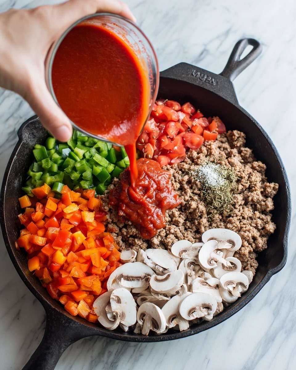 A black cast iron pan sits on a white marbled surface, filled with several distinct layers of ingredients. Starting from the left, brightly colored diced red, orange, and green bell peppers form one section. Beside the peppers, there are whole diced tomatoes with a bright red color. Next to the tomatoes is a large portion of cooked ground meat, light brown in color. On top of the meat, there are scattered dried herbs and a small amount of white powder, likely seasoning. To the right side of the pan, a neat layer of white, fresh sliced mushrooms is arranged. A woman's hand is shown pouring thick, smooth red tomato sauce from a clear measuring cup into the pan, flowing over the diced tomatoes and peppers. The texture of each ingredient is clear and vibrant, all visible from a top-down view. Photo taken with an iphone --ar 4:5 --v 7