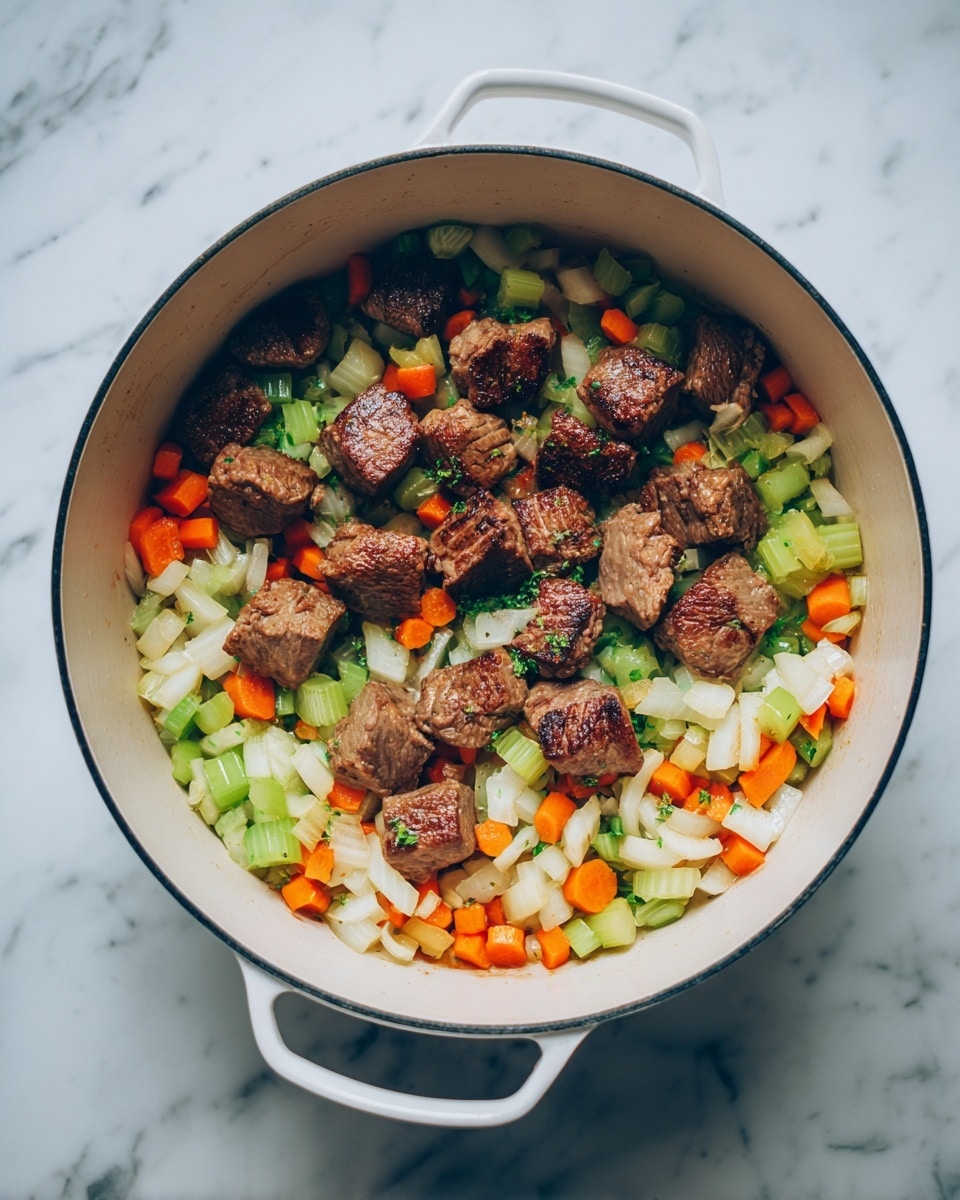 A white pot filled with a layer of small chopped vegetables including bright orange carrots, green celery, and white onions. On top, there are medium-sized brown pieces of cooked meat with a slightly seared texture visible. The ingredients are mixed but the meat sits above the vegetables, showing a clear separation between the colorful veggies at the bottom and the browned meat pieces on top. The pot is placed on a white marbled surface. photo taken with an iphone --ar 4:5 --v 7