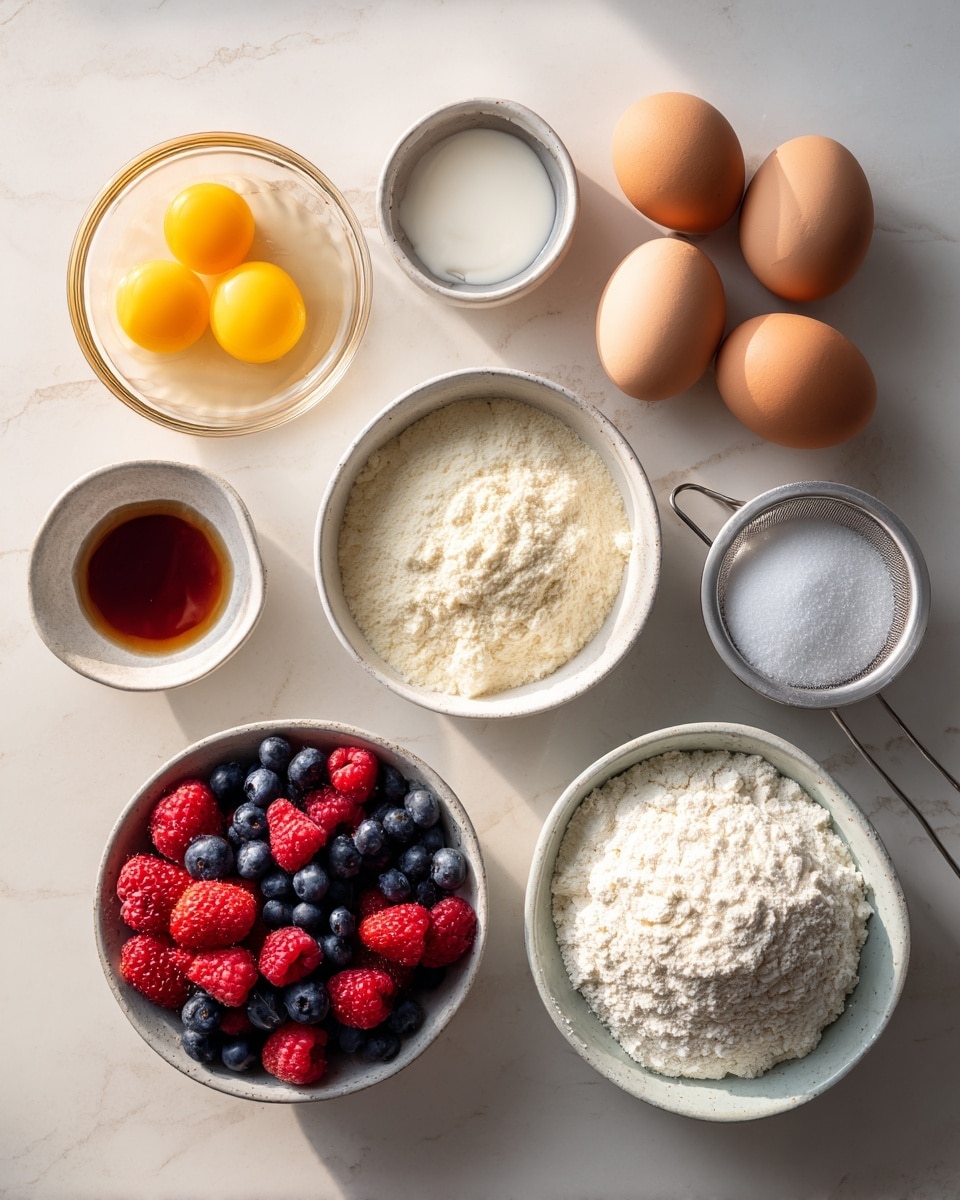 A single slice of yellow cake with a soft texture sits on a white plate with a brown rim, topped with vibrant red strawberries, deep blue blueberries, and a bright red raspberry. The cake slice has a light dusting of white powdered sugar on top. Beside the slice, there are three blueberries and a raspberry on the plate. In the background, the rest of the round cake, also dusted with powdered sugar and decorated with the same mix of berries, rests on a white marbled surface. A gold fork lies on the edge of the plate near the cake slice. photo taken with an iphone --ar 4:5 --v 7