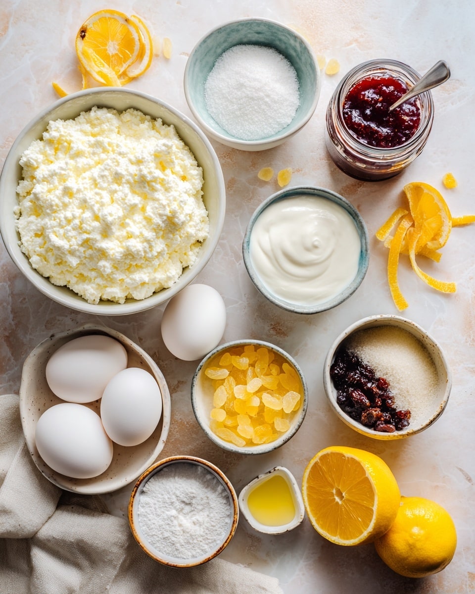 A round cheesecake with a thick golden-brown crust sits on a clear glass cake stand, dusted lightly with powdered sugar. The cheesecake has a creamy pale yellow filling with visible dark raisins inside, and one slice is removed showing the smooth texture. On top, there is a layer of white cream, covered with bright red strawberry sauce that looks sticky and shiny, and several fresh sliced strawberries placed as decoration. The setup is on a white marbled surface with a small glass jar of strawberry sauce nearby, whole and halved strawberries scattered around, and a white container of fresh lemons and strawberries in the background. Photo taken with an iphone --ar 4:5 --v 7
