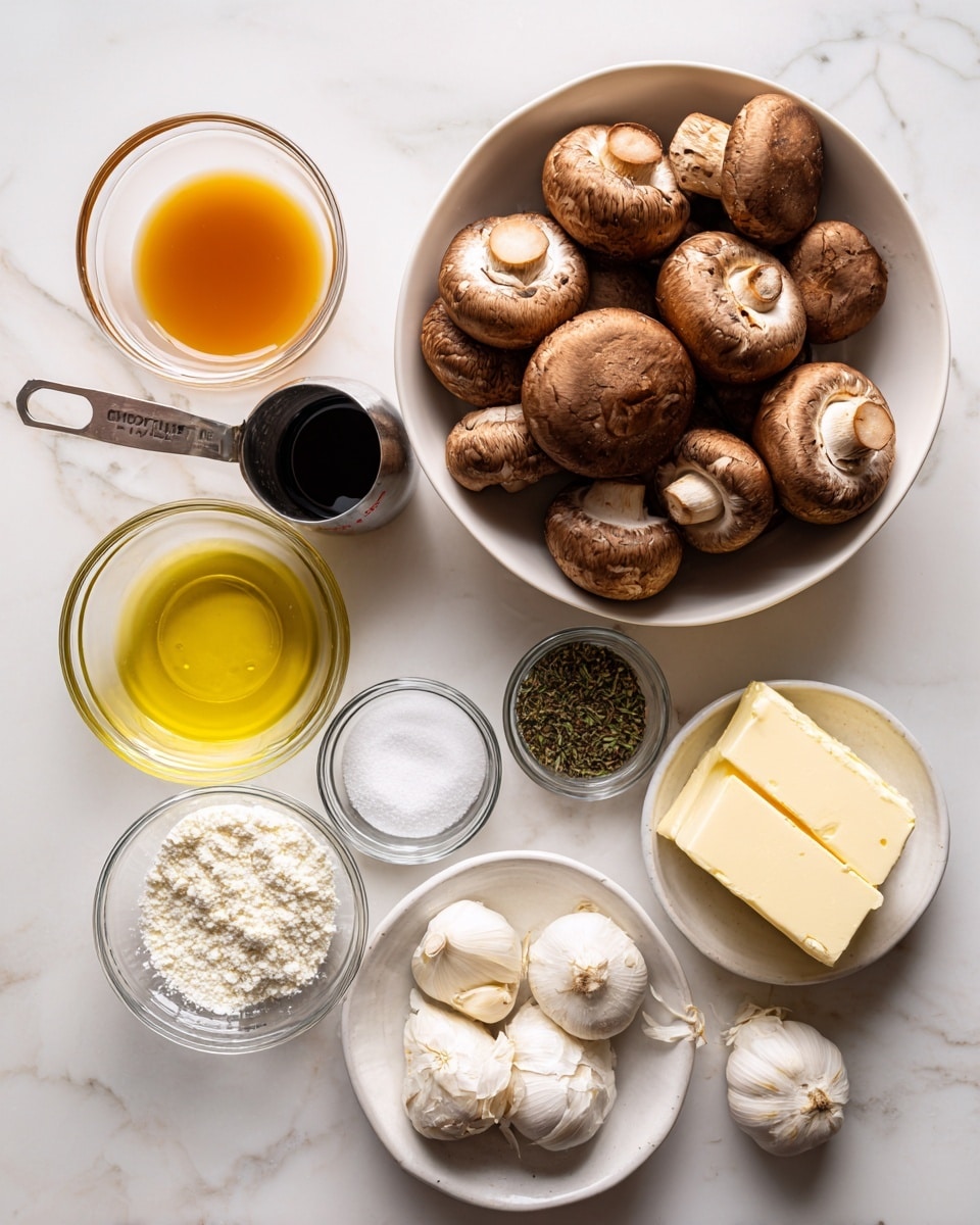 The image shows a group of ingredients neatly arranged on a white marbled surface. On the right side, a large white bowl holds many whole brown mushrooms stacked with some facing up showing stems. Surrounding the bowl are smaller clear glass bowls and containers holding various ingredients: one contains orange broth, another dark soy sauce, a third has a white creamy liquid in a metal measuring cup, a small bowl with light yellow olive oil, another with white salt and black pepper mix, one with white flour, a tiny bowl with green dried herbs, and a bowl with three whole garlic cloves. A small block of butter sits next to the mushroom bowl. All are placed evenly with clear spacing between them. Photo taken with an iphone --ar 4:5 --v 7