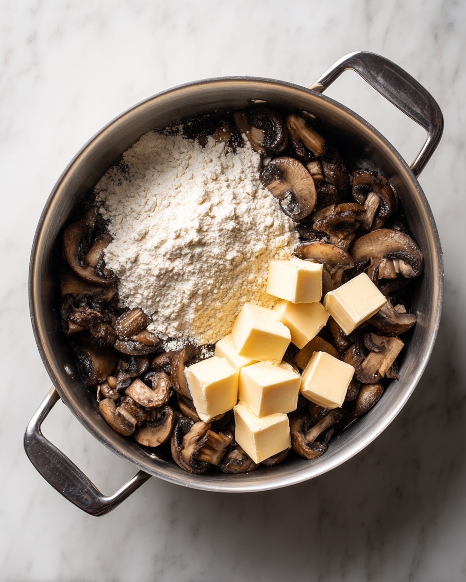 A white bowl filled with creamy light beige mushroom soup with small mushroom slices and green herb bits floating throughout, speckled with black pepper on top, a silver spoon inside the bowl holding a few mushroom pieces, placed on a white marbled surface with a torn piece of golden crusty bread and some small green herb sprigs nearby, part of another bowl with the same soup visible on the right, a folded gray cloth below the main bowl, photo taken with an iphone --ar 4:5 --v 7