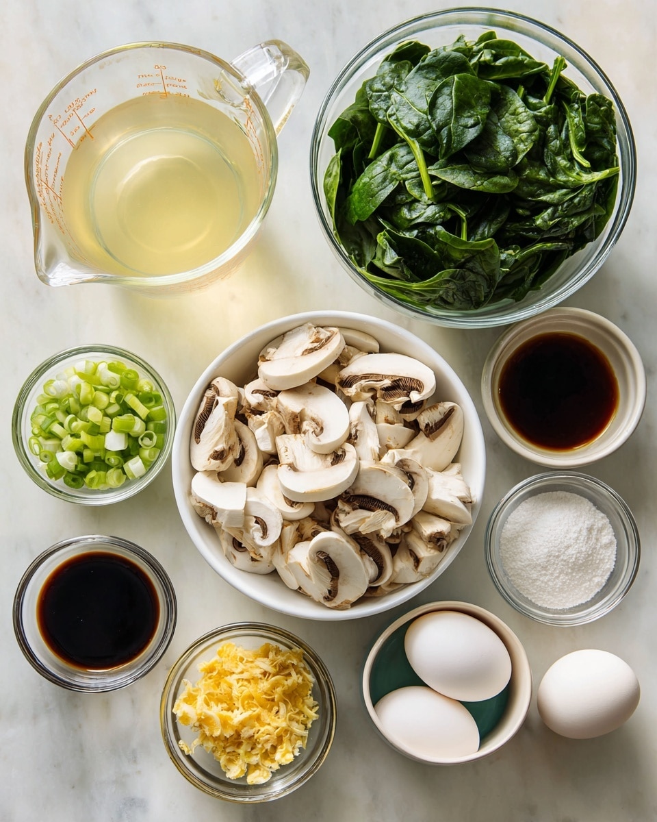 This image shows a large silver pot full of clear soup with visible layers of ingredients. The bottom layer is a light broth with a slightly yellow tint. Floating on the broth are round, light brown mushroom slices with a smooth texture evenly spread. Bright green spinach leaves with a fresh, slightly shiny look float on top of the mushrooms. There are also wisps of white egg ribbons mixed gently throughout the liquid, giving a soft texture contrast. A ladle filled with soup, mushrooms, spinach, and egg ribbons is lifting from the pot, with a woman's hand holding its handle. The background is a white marbled texture with ginger root pieces and an orange cloth partially visible. Photo taken with an iphone --ar 4:5 --v 7