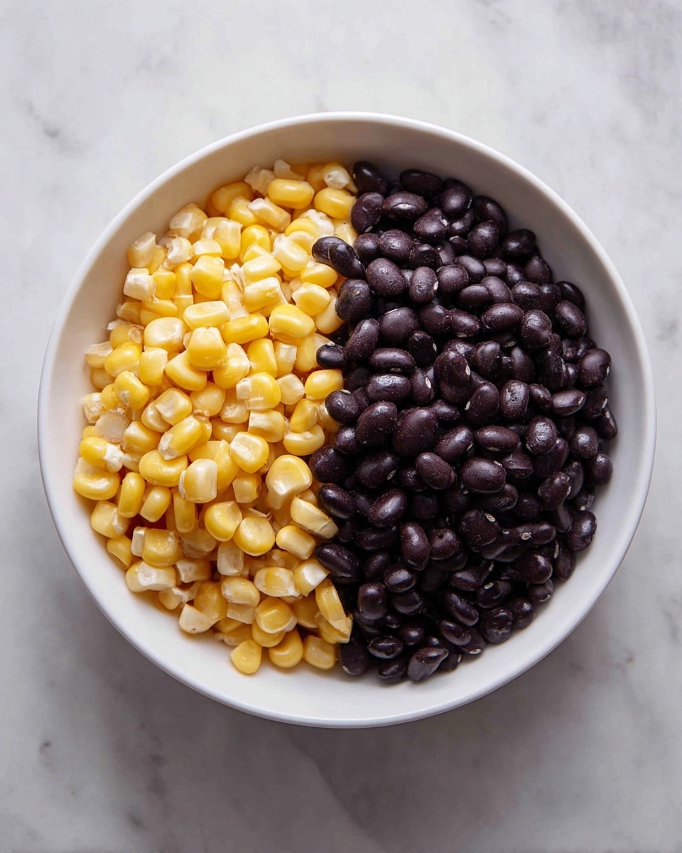 A white bowl on a white marbled surface holds two simple layers of ingredients. On the left side, there is a pile of yellow corn kernels with a smooth texture and slightly glossy finish. On the right side, there is a pile of black beans with a shiny surface and dark color. The ingredients are placed side by side, filling the bowl evenly without mixing. photo taken with an iphone --ar 4:5 --v 7