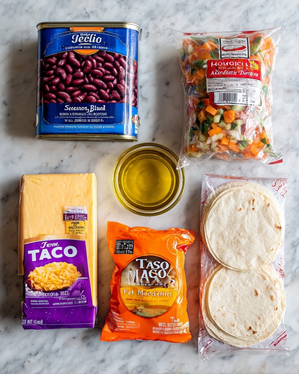 The image shows six items arranged neatly on a white marbled surface. Starting from the top left, there is a can of dark red kidney beans with a blue label, next to it is a clear plastic bag filled with mixed diced vegetables labeled “Seasoning Blend.” Below the beans is a small clear round bowl filled with golden olive oil. On the bottom row from left to right, there is a block of medium cheddar cheese in purple packaging, a bright orange packet labeled “Taco Seasoning Mix,” and on the far right, a pack of ten white flour tortillas wrapped in clear plastic with red and orange accents. The items are evenly spaced, with the colors of the food and packaging contrasting with the white marbled surface beneath. photo taken with an iphone --ar 4:5 --v 7