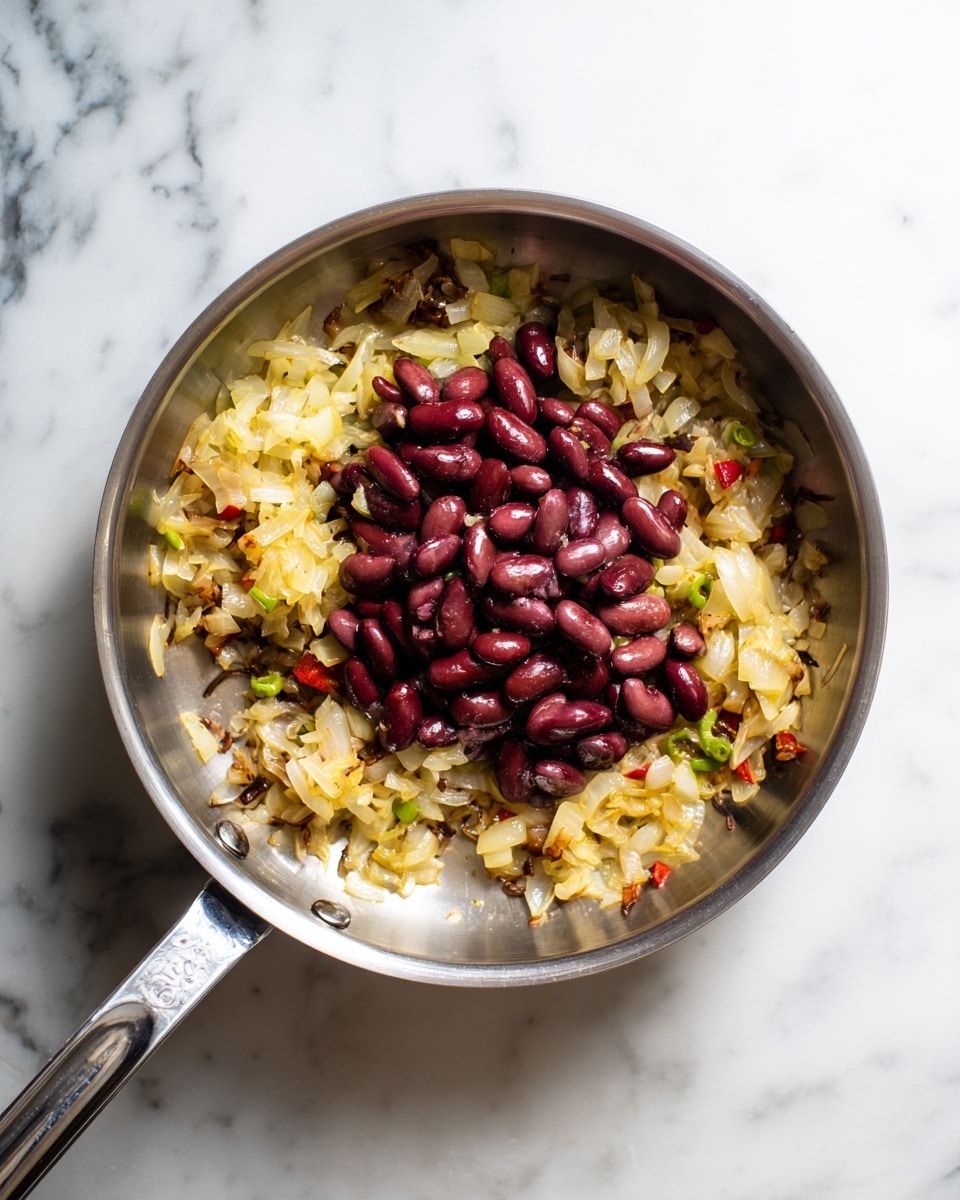 A close-up of a stack of four triangle-shaped quesadilla slices on a white plate, each layer made of a toasted light beige tortilla with brown grill marks. The filling is bright orange melted cheese mixed with dark red kidney beans, oozing out between each folded tortilla. Small green parsley pieces are sprinkled on top and around the stack. The plate is set on a white marbled surface with blurred elements of the background visible. photo taken with an iphone --ar 4:5 --v 7