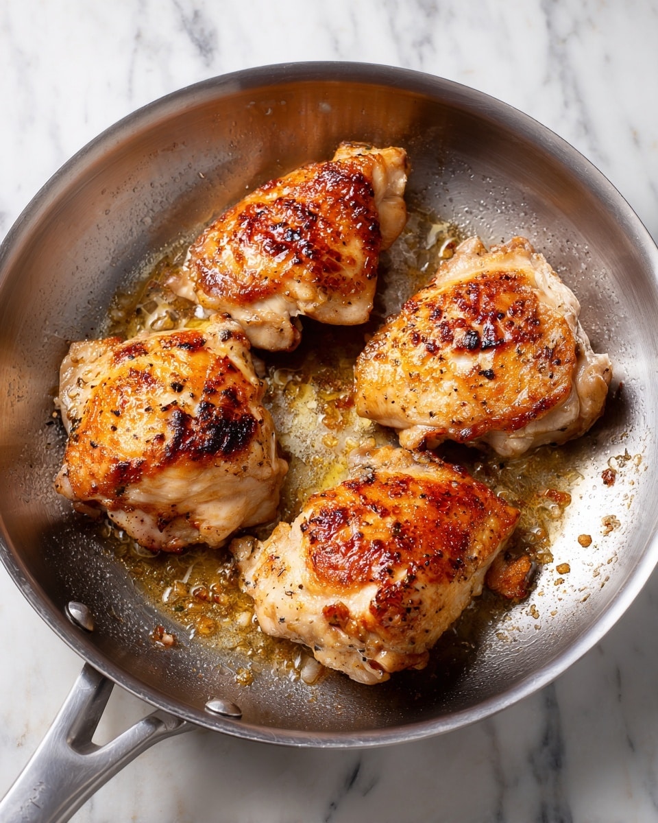 A shiny metal pan holds four cooked chicken pieces, lightly browned and seared with some golden spots and slight crispy edges. The chicken pieces vary in shape and size, resting directly on the pan’s surface, which shows small bits of caramelized meat and oil. The background is a white marbled texture, giving a clean look to the whole scene. photo taken with an iphone --ar 4:5 --v 7
