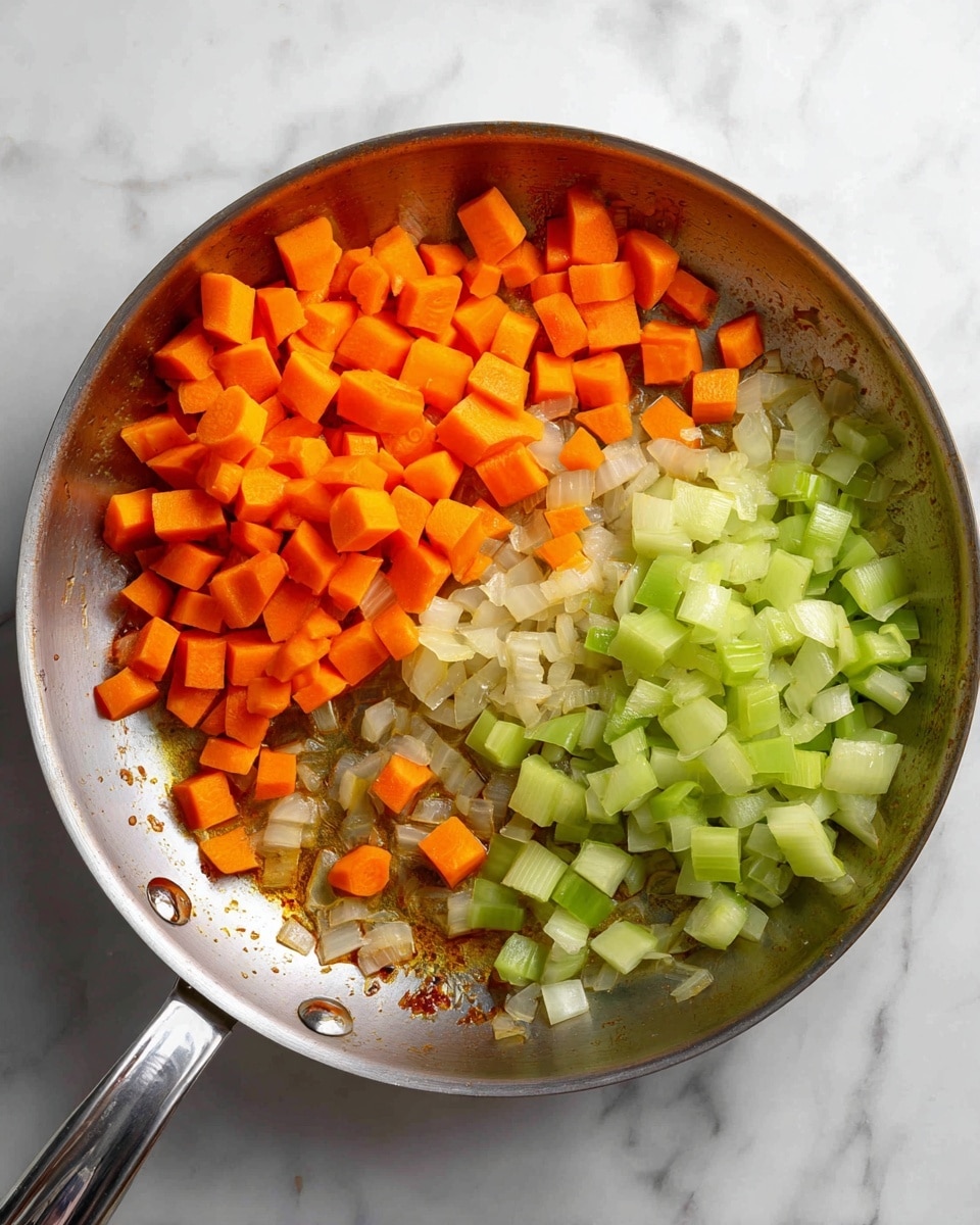 A round stainless steel pan is placed on a white marbled surface. Inside the pan, there are three groups of chopped vegetables arranged in separate sections: bright orange carrot cubes in the top right, light green celery cubes in the bottom middle, and translucent cooked onion pieces with a slight golden brown tint in the left and center. The pan has a smooth shiny texture with some browned bits from cooking. The handle of the pan extends towards the bottom left corner of the image. photo taken with an iphone --ar 4:5 --v 7