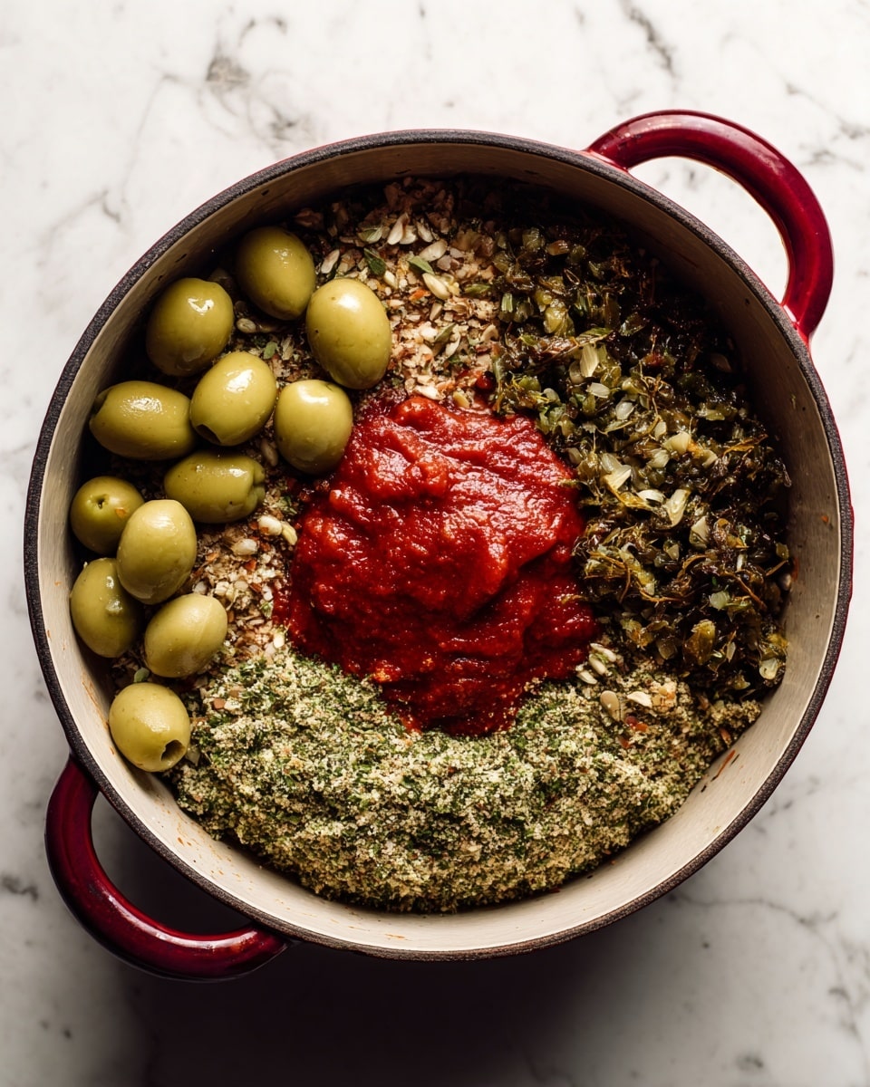 Inside a large red pot with white inside, there is a mix of ingredients placed on a white marbled surface. The bottom layer shows a spread of green and brown textured chopped herbs and spices forming a ring around the pot's base. On top of this layer, on the left side, there are about ten small green olives. Near the top right side, there are dark green, round capers. Below the olives and capers, there is a smooth, bright red dollop of sauce that looks thick and glossy. photo taken with an iphone --ar 4:5 --v 7
