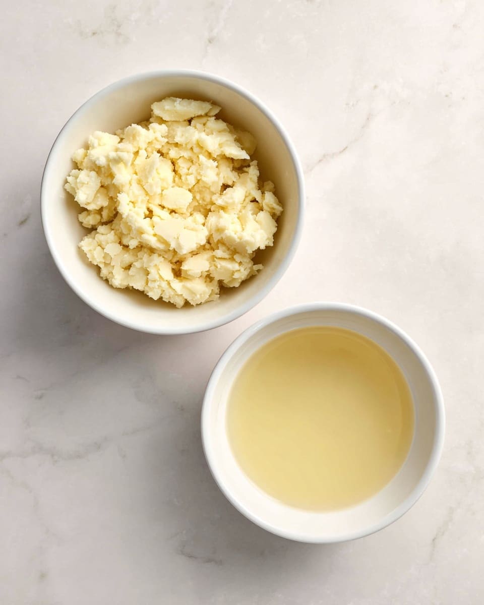 Two white bowls sit side by side on a white marbled surface. The bowl on the left holds a fluffy, chunky pale yellow mixture with a soft texture and uneven pieces forming a loose heap. The bowl on the right contains a clear light yellow liquid that looks smooth and slightly glossy, filling the bowl evenly. photo taken with an iphone --ar 4:5 --v 7