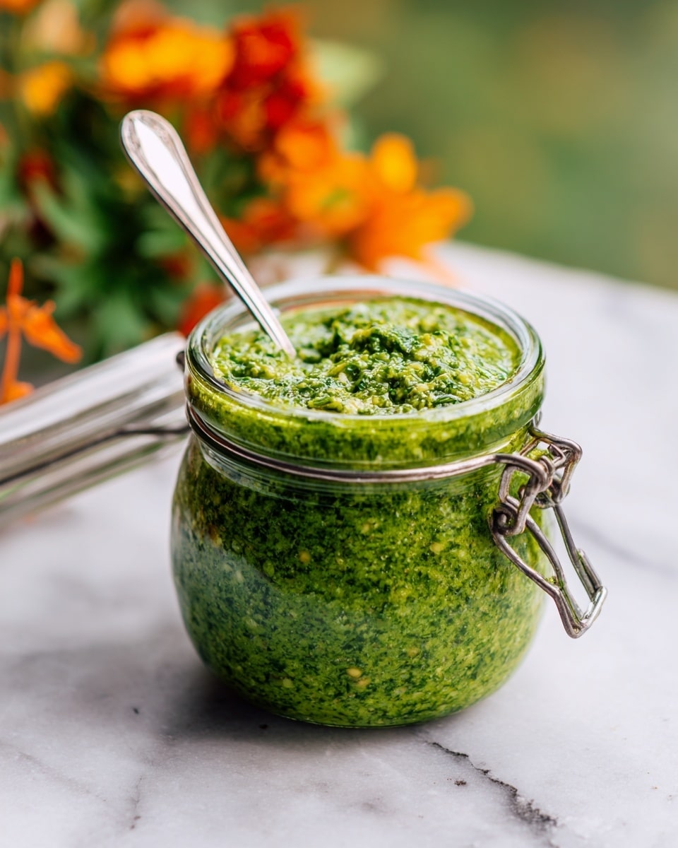 A small clear glass jar filled with bright green pesto sauce that has a slightly chunky texture, showing bits of herbs and nuts. The jar has a metal latch on the side and the lid is open and set to the left. A silver spoon is standing inside the jar, sticking out. The jar sits on a white marbled surface with blurred green leaves and orange flowers in the soft background. photo taken with an iphone --ar 4:5 --v 7