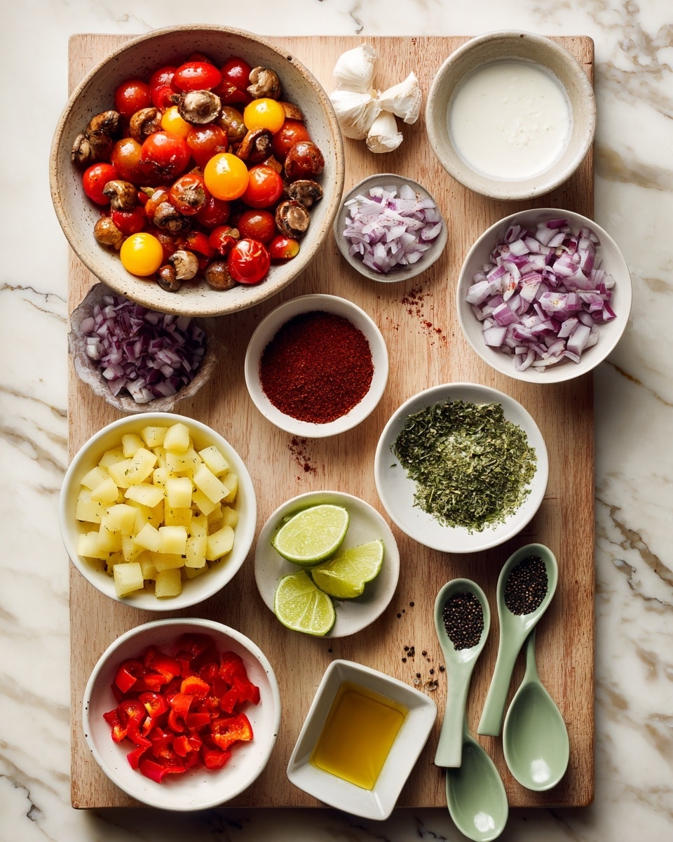 A wooden board laid on a white marbled surface holds an array of small white dishes and piles of chopped ingredients: a round bowl at the top center filled with bright red and yellow halved cherry tomatoes mixed with small brown mushrooms; to its right, a round white bowl filled with a white liquid, and below it another round white bowl containing a grayish broth with two lime wedges beside it; to the left of the tomato bowl, chopped purple onions and a small heap of green herbs are placed side by side; below them, diced yellow and purple-skinned potatoes sit next to a small ceramic bowl filled with dark red powder; in the center, a small square white dish holds golden olive oil; nearby, chopped red bell peppers and finely chopped green peppers are arranged next to three white garlic cloves; three green ceramic spoons spread across the board carry white salt, deep red paste, and cumin seeds respectively. photo taken with an iphone --ar 4:5 --v 7