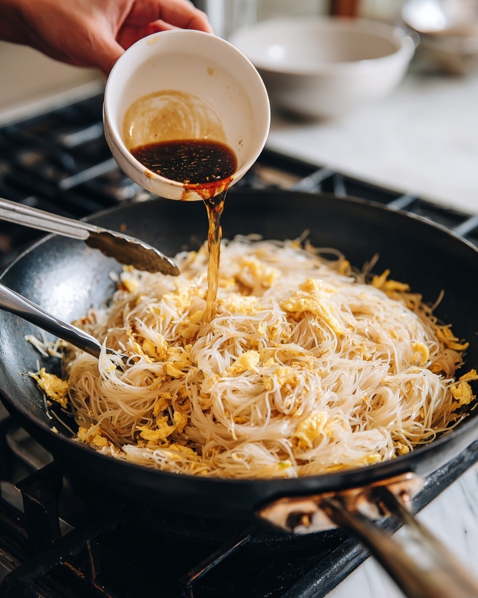 The image shows a black wok on a white marbled stove with a pile of cooked flat rice noodles in the center. Around the noodles are small pieces of scrambled yellow egg mixed with light brown bits of onion and other ingredients. A pair of metal tongs rest inside the wok near the noodles. Above the wok, a white bowl held by woman's hand tilts, pouring a dark brown sauce into the noodles. The background is slightly blurred, showing part of the kitchen space. Photo taken with an iphone --ar 4:5 --v 7