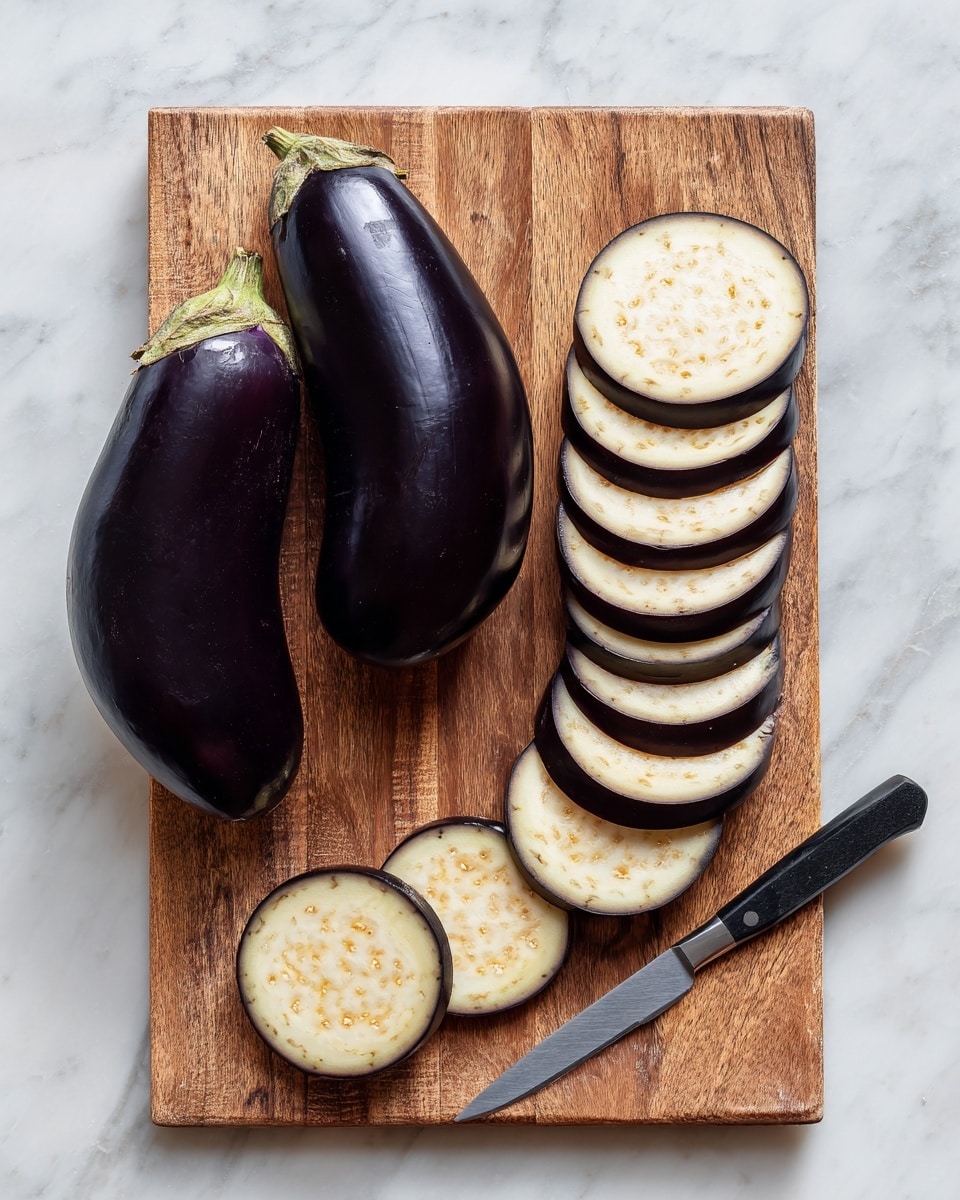 This image shows a wooden cutting board on a white marbled surface. On the board, there are two whole dark purple eggplants and one eggplant sliced into seven thin pieces arranged in a slightly overlapping row. The sliced eggplant reveals a pale, creamy inside with small light brown seeds. In the front, there is one single slice laying flat, separate from the row. A knife with a black handle and silver blade rests near the bottom edge of the cutting board. The scene is bright and clear, emphasizing the smooth, shiny texture of the eggplants. photo taken with an iphone --ar 4:5 --v 7