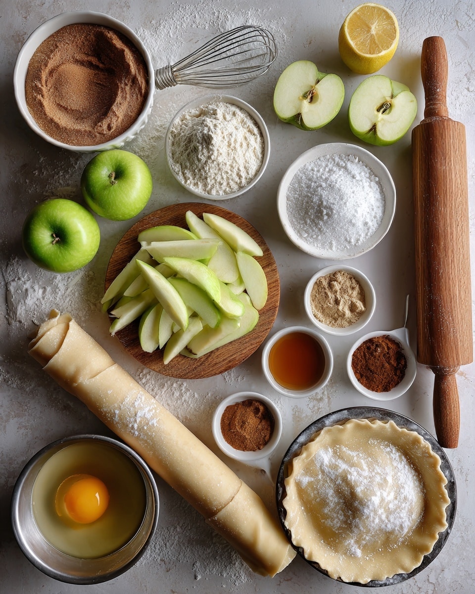 The image shows a slice of apple pie on a white plate with a silver fork beside it. The pie slice has three visible layers of cooked apple filling that is light brown with a soft texture. The top crust is golden brown with a slightly rough texture, sprinkled with sugar crystals. In the background, there is a whole apple pie in a clear glass dish and two apples, one green and one red, placed on a white marbled surface along with some cinnamon sticks and nutmeg. The overall look is warm and homely with a focus on the pie slice. photo taken with an iphone --ar 4:5 --v 7