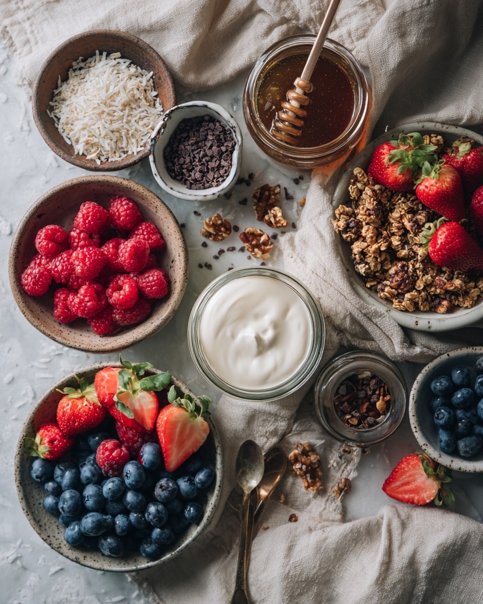 The image shows a clear glass filled with four visible layers: the bottom layer is white yogurt, the second layer is red berry sauce, the third layer is a mix of brown granola with nuts and seeds, and the top layer is white yogurt topped with fresh berries including a bright red raspberry, shiny black blackberry, and small red currants, plus some green mint leaves and crunchy granola pieces. The glass is placed on a white marbled surface with some granola crumbs and a red raspberry scattered around, and another similar glass is blurred in the background. Photo taken with an iphone --ar 4:5 --v 7