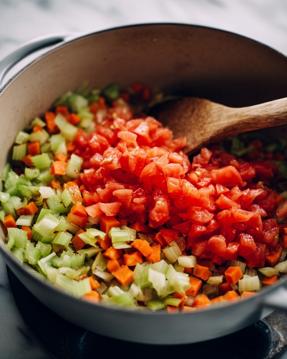 A gray cooking pot filled with two layers of chopped vegetables on a stove. The bottom layer is a mix of diced orange carrots and light green celery, with soft textures and some pieces browned slightly. On top, there is a fresh layer of bright red chopped tomatoes with a pulpy texture. A wooden spoon rests inside the pot, partly visible among the vegetables. The setting has a soft light and a shallow depth of field, focusing on the vegetables inside the pot. The surface around the stove is a white marbled texture photo taken with an iphone --ar 4:5 --v 7